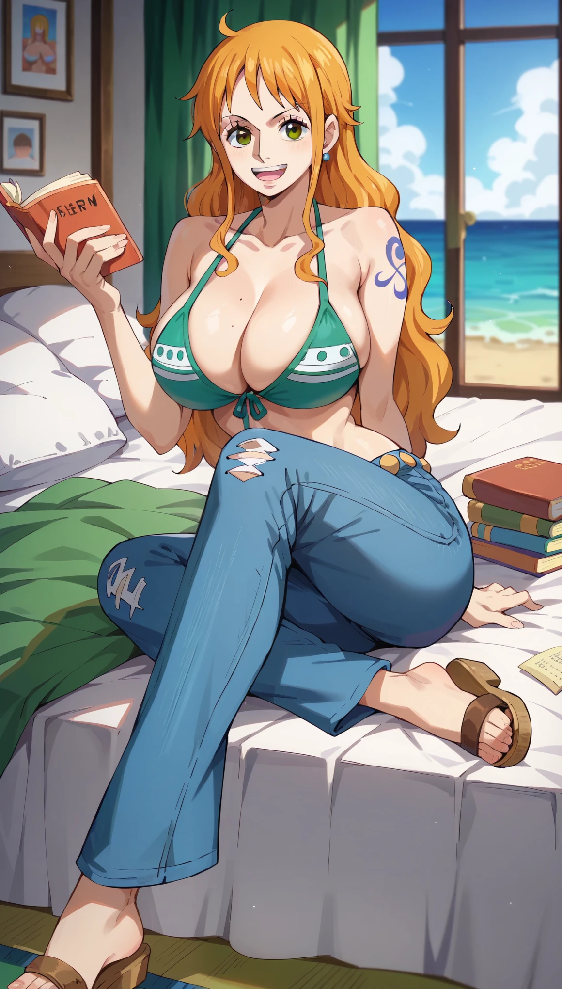 Nami from One Piece, Long orange hair, Very detailed, Beautiful brown eyes, sexy, Anime Style, large perky breasts, (huge breasts), wide hips, slim body, green bikini top, bikini top, blue jean, blue pants, brown sandals, bedroom, sitting on bed, reading a book, focused look,