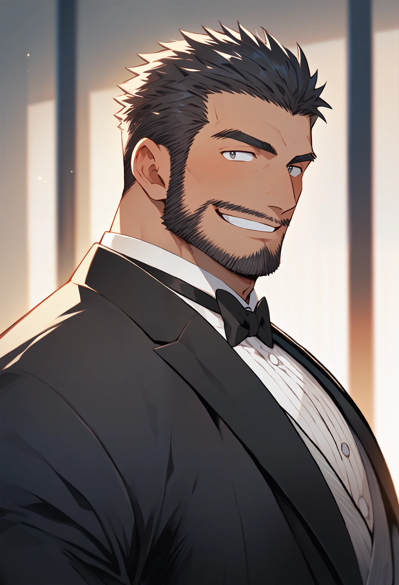 Washington Hotel Suite, Japanese, male, muscular, hairy, man in tuxedo, smiling, bulging slacks