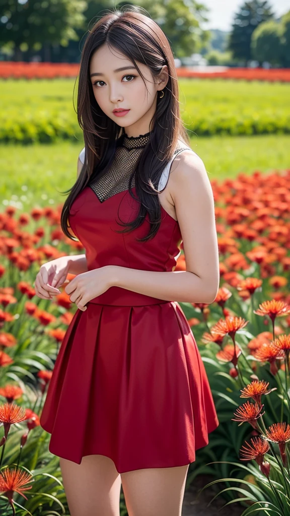 masterpiece, Ultra-high resolution, 4K, Best Quality, 1 person, whole body, Beautiful and exquisite face, Beautiful, smooth skin, Skin Texture, Baby Face, high school student, 1, Dynamic pose, Medium Hair, (A red dress with a long frilled skirt), Shiny Hair, Curly Hair, Long Hair, Gold mesh hair, Standing pose, Red spider lily, A field of red spider lilies, Spider lilies, Flower Field