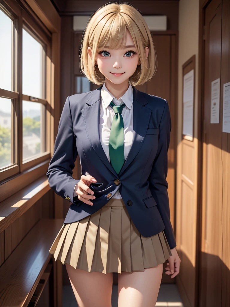 8k, Best Quality, The real picture, Intricate details, Very detailed, Ultra-high resolution, Depth Field, Tabletop, Full Body Shot, (1 girl), eye_Chan, so beautiful, innocent big eyes, Standing in a school classroom, ((Blonde)), ((Short Bob Hair)), ((Detailed eyes)), ((smile)), ((Green tie)), (Light brown closed blazer))), ((Dark blue pleated mini skirt)), Thighs, knees, Random pose，pretty girl，Slender girl