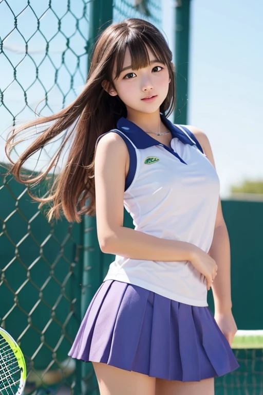 A stunning Japanese teen idol, 18 years old and effortlessly cute, poses in an ultra-HD, real-skin hyper-realisti1.7),  Her features include a large chest, droopy eyes, shining eyes, faint lips, and a low ponytail with asymmetrical bangs.

The image is bathed in natural light during the daytime, with professional lighting accentuating her glowing skin. The focus is on her whole body, showcasing perfect anatomy and correct limbs. A subtle smile adds to her charm as she strikes a pose, . This NSFW image captures her youthful beauty in stunning detail.,NSFW,((((tennis uniform:1.2))))(((shirts lift:1.5))),