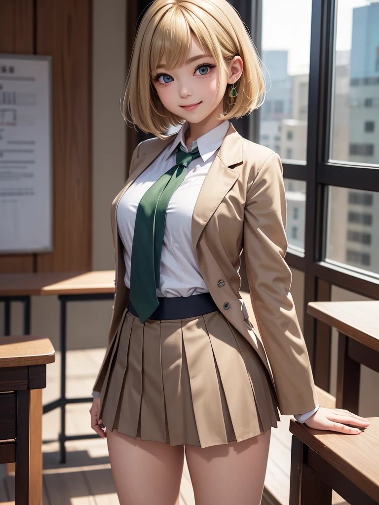 8k, Best Quality, The real picture, Intricate details, Very detailed, Ultra-high resolution, Depth Field, Tabletop, Full Body Shot, (1 girl), eye_Chan, so beautiful, innocent big eyes, Standing in a school classroom, ((Blonde)), ((Short Bob Hair)), ((Detailed eyes)), ((smile)), ((Green tie)), (Light brown closed blazer))), ((Dark blue pleated mini skirt)), Thighs, knees, Random pose，pretty girl，Slender girl