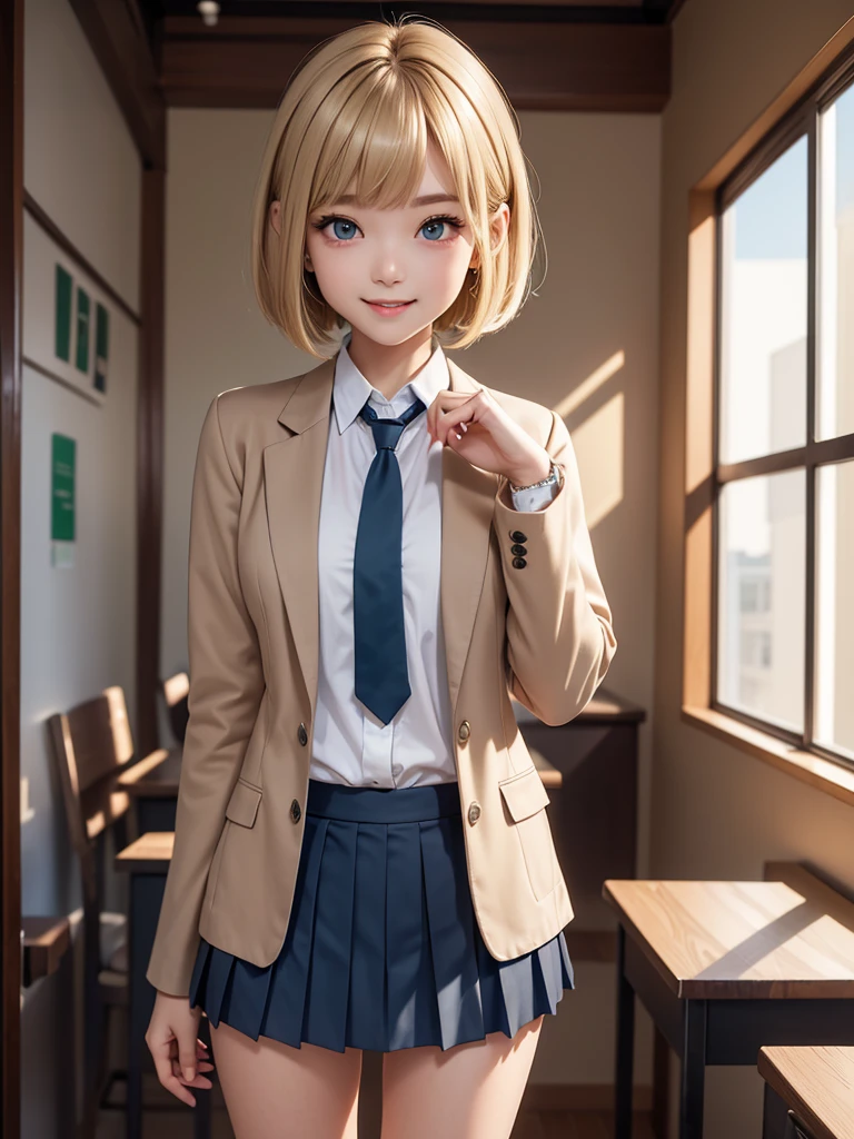 8k, Best Quality, The real picture, Intricate details, Very detailed, Ultra-high resolution, Depth Field, Tabletop, Full Body Shot, (1 girl), eye_Chan, so beautiful, innocent big eyes, Standing in a school classroom, ((Blonde)), ((Short Bob Hair)), ((Detailed eyes)), ((smile)), ((Green tie)), (Light brown closed blazer))), ((Dark blue pleated mini skirt)), Thighs, knees, Random pose，pretty girl，Slender girl