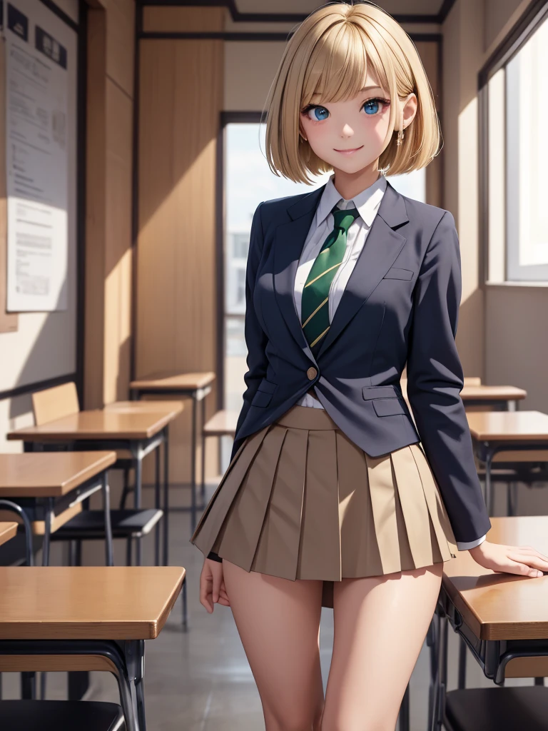 8k, Best Quality, The real picture, Intricate details, Very detailed, Ultra-high resolution, Depth Field, Tabletop, Full Body Shot, (1 girl), eye_Chan, so beautiful, innocent big eyes, Standing in a school classroom, ((Blonde)), ((Short Bob Hair)), ((Detailed eyes)), ((smile)), ((Green tie)), (Light brown closed blazer))), ((Dark blue pleated mini skirt)), Thighs, knees, Random pose，pretty girl，Slender girl