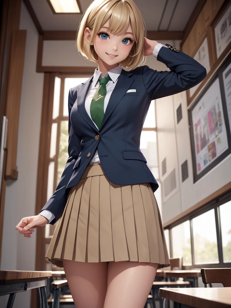 8k, Best Quality, The real picture, Intricate details, Very detailed, Ultra-high resolution, Depth Field, Tabletop, Full Body Shot, (1 girl), eye_Chan, so beautiful, innocent big eyes, Standing in a school classroom, ((Blonde)), ((Short Bob Hair)), ((Detailed eyes)), ((smile)), ((Green tie)), (Light brown closed blazer))), ((Dark blue pleated mini skirt)), Thighs, knees, Random pose，pretty girl，Slender girl