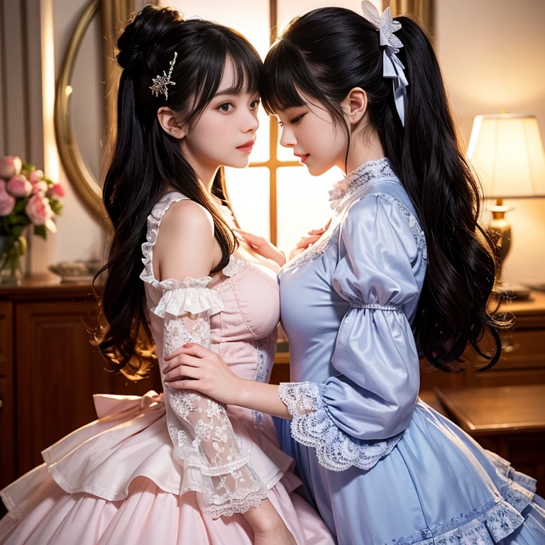 ((Beautiful sisters touching each other's breasts:1.3)), (8k, RAW Photos, Highest quality, masterpiece:1.2), Looking at the audience, Viewed from the front, Beautiful white skin, knees, Absurd face is small, Part your bangs down the middle, The forehead is visible, Glare, ((Cute and happy face:1.3)), Ultra-high resolution, ((Cute appearance々Color underwear)), ((Slender body line)), (Outstanding proportions), high school girl, (Idolフェイス, Baby Face:1.65), Japanese women, Are standing, (Photorealistic:1.37), Photon Mapping, Realistic, Cute and small face, Brown eyes, prospect, Written boundary depth, Blurred Background, (I can see the bangs), Silky smooth hair, (Firm stomach:1.3), (Beautiful and slim thighs:1.4), Small beautiful butt, (Curved waist), thigh, Nogizaka idol, Idol, (Detailed hands:1.3, Accurate hands:1.3, Beautiful little hands of a girl:1.3), (Firm and beautiful breasts:1.3), Super quality, Low people, (Clear white skin, Skin with visible pores:1.2), (Focus on the face), Check and correct the garment construction, (Perfect Anatomy:1.3), (Detailed eyes and face:1.3, Professional photography techniques),