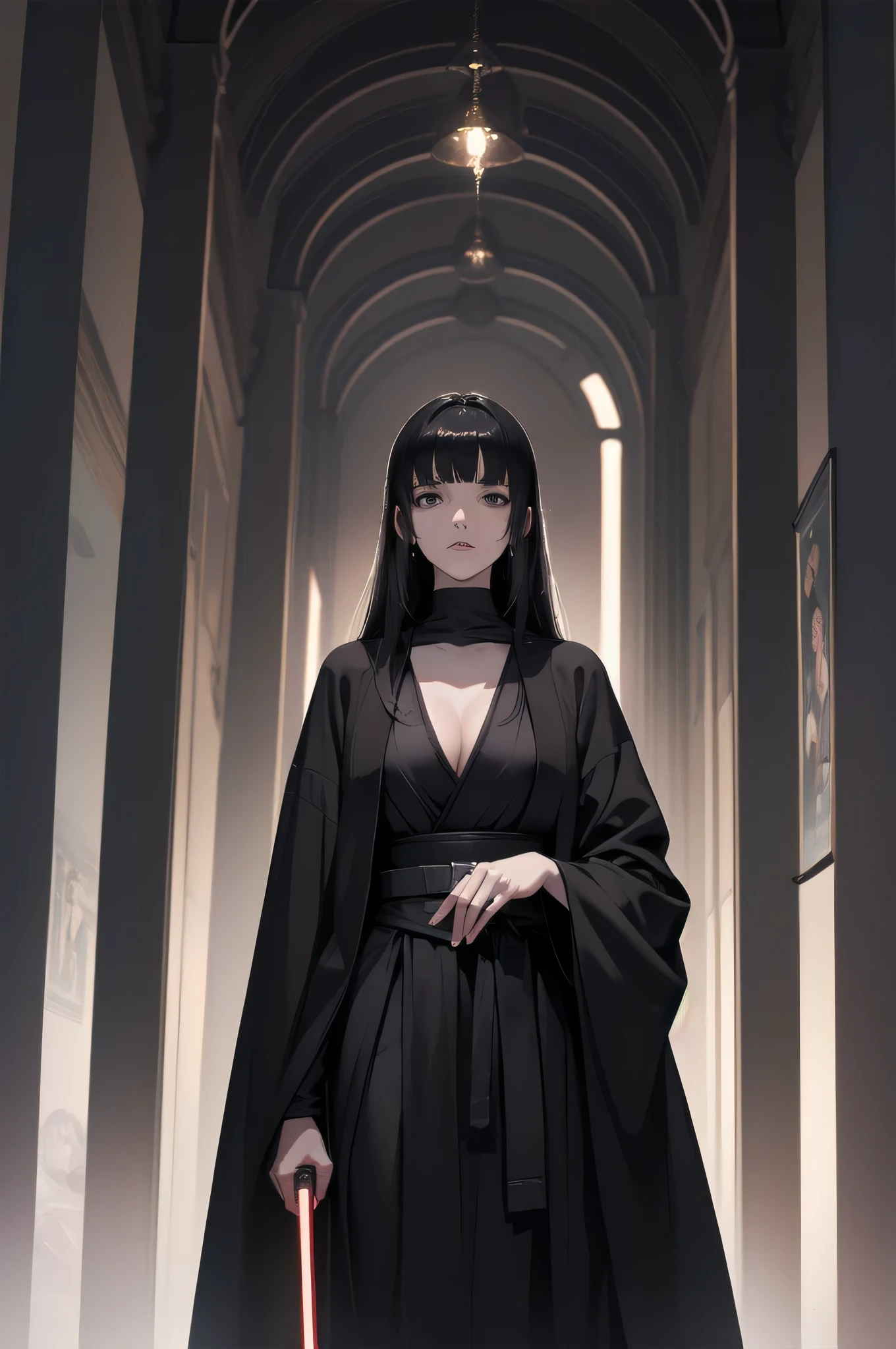 Shadow Face、Star Wars, jedi, black jedi robe、Black Robe, black belt,Star Wars concept art, Star Wars、jedi、Lightsabers、Black Robe、jediの服、Star Wars、beautiful girl、cute、baby face、Droopy eyes、Black Hair、Beautiful Long Hair、Straight Hair、bangs、bangsbangs、bangs、bangsbangs、Big Breasts、Slim body、slim、(Best Quality,4K,High resolution,Masterpiece 1.2),Very detailed,Real 1.37,Spooky altar background,Dark fantasy,Black color scheme,Ominous atmosphere,Eye-catching,Story,Anime Style,Concept Art,Inappropriate behavior,beautiful, Delicate facial features, pale Skin, night、Dim lighting、Dark Background, Cinema Lighting, Dramatic Shadows, gothic, Spooky atmosphere, Dark Story, 1 person&#39;S, Red cheeks, ,(Blood splatter 1.3),Scary smile, smile,TwiSted smile、Bloody,(Blood splatter 1.3),Horror Style, ((Flowing Black Hair)), Female Curves, Sexy flat stomach, Perfect hands, Perfect anime character face, (Black Dress)), Standing, ((Evil smile)), ,(Dark Story1.3), Steam circulation, Moonlight Illumination, Night lighting, Gothic architecture、Western architecture,Victorian city, Skeleton Gas Light,Absurd, High resolution、 ((Tabletop)), ((Best Quality)), (Very detailedな), ((Very detailed)), (beautiful), ((cute)), 1 person,(1.6)、beautiful face、Full Body Ezbian、pale, Beautiful skin、Big Breasts、Beautiful body、Slim body、beautiful feet、Smiling Kindly、Dark building ruins、(The dark ruins are Bloody 1.3)、Low angle full body shot、(Creepy 1.3)、(The girl lost a lot of blood............1.3)、(crazy smile1.6)、Spirits、Droopy eyes、bangs, Long Hair, Star Wars、jedi、Blue Lightsabers、Ready your Lightsabers