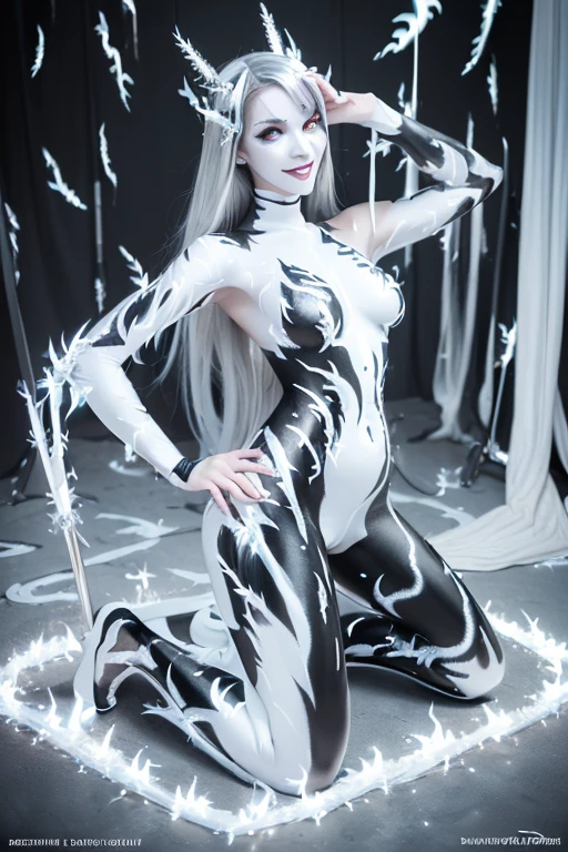 Succubus, (Full body white paint:1.5), white body paint, Face paint,Silver flame pattern paint, (Black and silver flame pattern body paint:1.6), (Silver body paint:1.5), Photorealistic, Bat feathers, silver hair, large breasts, realistic, kneeling, smile