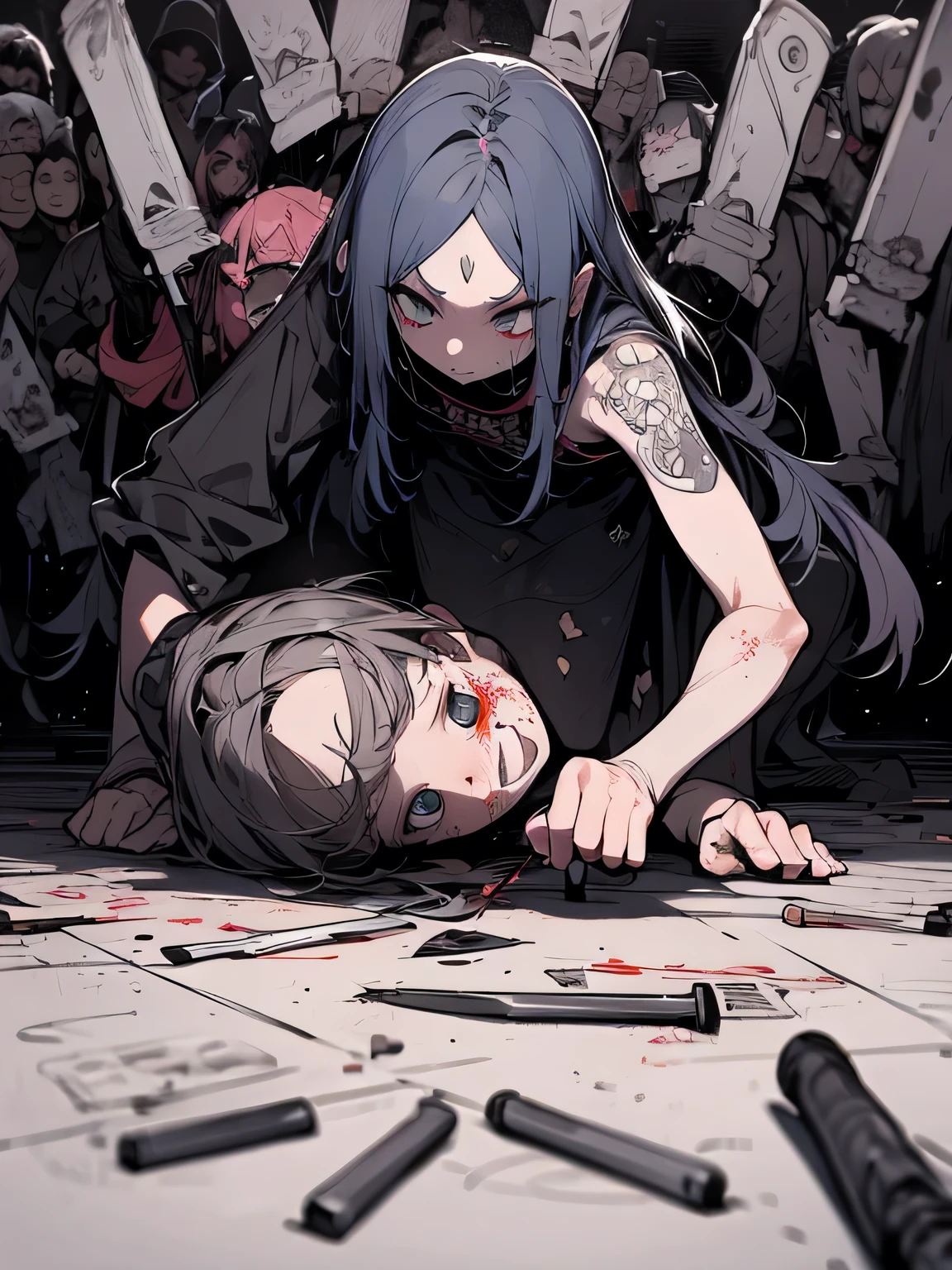 2girls,Lying on stomach,(reaching:1),arms_up,from side,looking at another,fingers imminent touching,legs on floor,
masterpiece,best quality,detail face,foreshortening,depth of field,absurdres,
(blood on face:1.2),blood splatter,(blood from mouth:1.2),suffering,endured_face,Crawl towards someone,restrained,<lora:ç»è-zç»èmore_details:0.1>,
ADDCOMM,
(yellow hair:1.2),NANA,<lora:char-尿大åºå¥å¥Daibananav2:1.1:lbw=0,0,0,0,0,1,1,1,1,1,1,0,0,0,0,0,0>,green eyes,miniskirt,FUR-TRIMMED_JACKET,CAPE,FUR-TRIMMED_JACKET,JACKET,JACKET_ON_SHOULDERS,LONG_SLEEVES,RED_JACKET,SHIRT,short boots,
ADDCOL,
(black round eyewear:1.1),black glasses,<lora:char-æè§çº¯é£HoshimiJunna:1:lbw=0,0,0,0,0,0,0,0,1,1,0,0,0,0,0,0,0>,purple hair,green eyes,pleated_skirt,FUR-TRIMMED_JACKET,CAPE,FUR-TRIMMED_JACKET,JACKET,JACKET_ON_SHOULDERS,LONG_SLEEVES,RED_JACKET,SHIRT,short boots,, masterpiece, best quality,absurdres,1girl,solo,front view,white background,looking_at_viewer,eye contact,