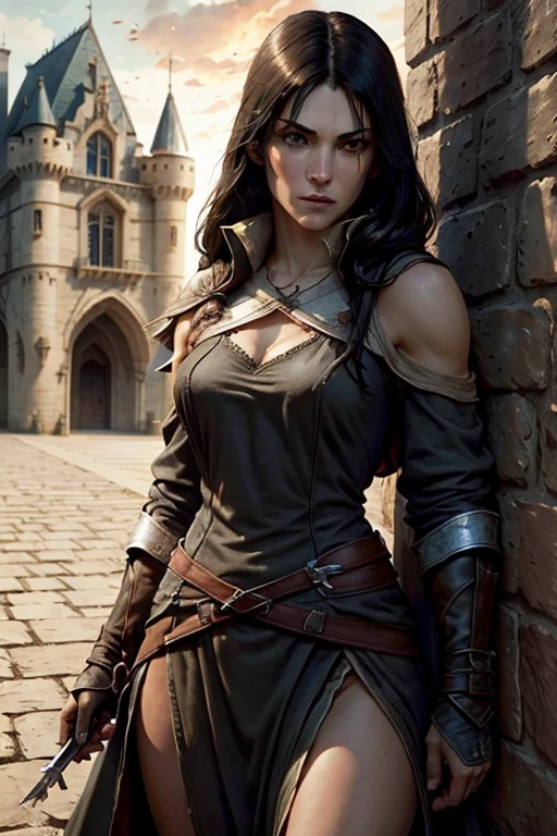 score_9, score_8_up, score_7_up, (((Solo focus))) score_9, score_8_up, score_7_up, (((Solo focus))) Design a fantasy character set against a dark and sinister background. She looks like sly, suspicious, lithe female character in a fantasy setting, wearing medieval fantasy attire. Rugged adventuring attire., She is cute and seductive. trending on Artstation, digital art, unreal engine, 8k, ultra HD, centered image, solo focus, unreal engine, sharp focus, dappled lighting, (backlighting:0.7), film grain, photographed on a Sony A7R IV, 18mm F/1.7 cine lens