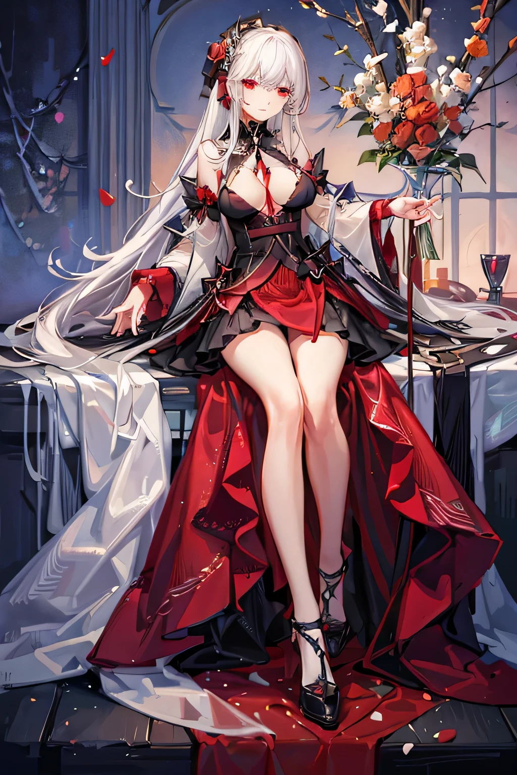 ((Highest quality)), ((masterpiece)), (detailed), 1girl, 独奏, red china dress, clothes lift, large breasts, black thong, stand, leg up, from below