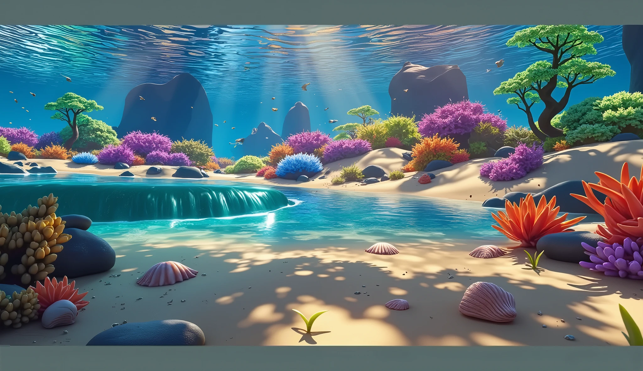 There is a painting of a beautiful underwater scene with corals and ...