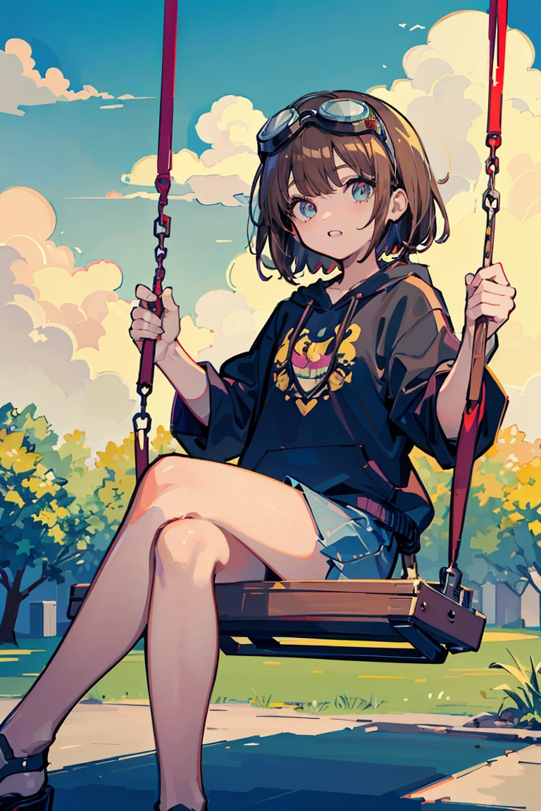One girl. (masutepiece, of the highest quality, Kyoto Animation Style Illustration, of the highest quality, Official art, aesthetics, Beautiful details, :1. 2), BREAK, (17 years old girl), Very detailed, colourfull, highest details, BREAK, (girl, Cute, Cheerful, Loli face, A dark-haired、a short bob、tareme, gleaming skin, Hugging a stuffed rabbit, Playboy Bunny,(tshirts:1.1),(Pleated skirt and red suspenders:1.2), High socks with pink and yellow stripes,Pink Bunny Years Hair Band,BREAK,Walking,Mouth open,Open eyes,Right hand,Surprised face when meeting an acquaintance, BREAK,(a park:1.3),(swing, Benches, seesaw:1.5),( A few schoolchildren),