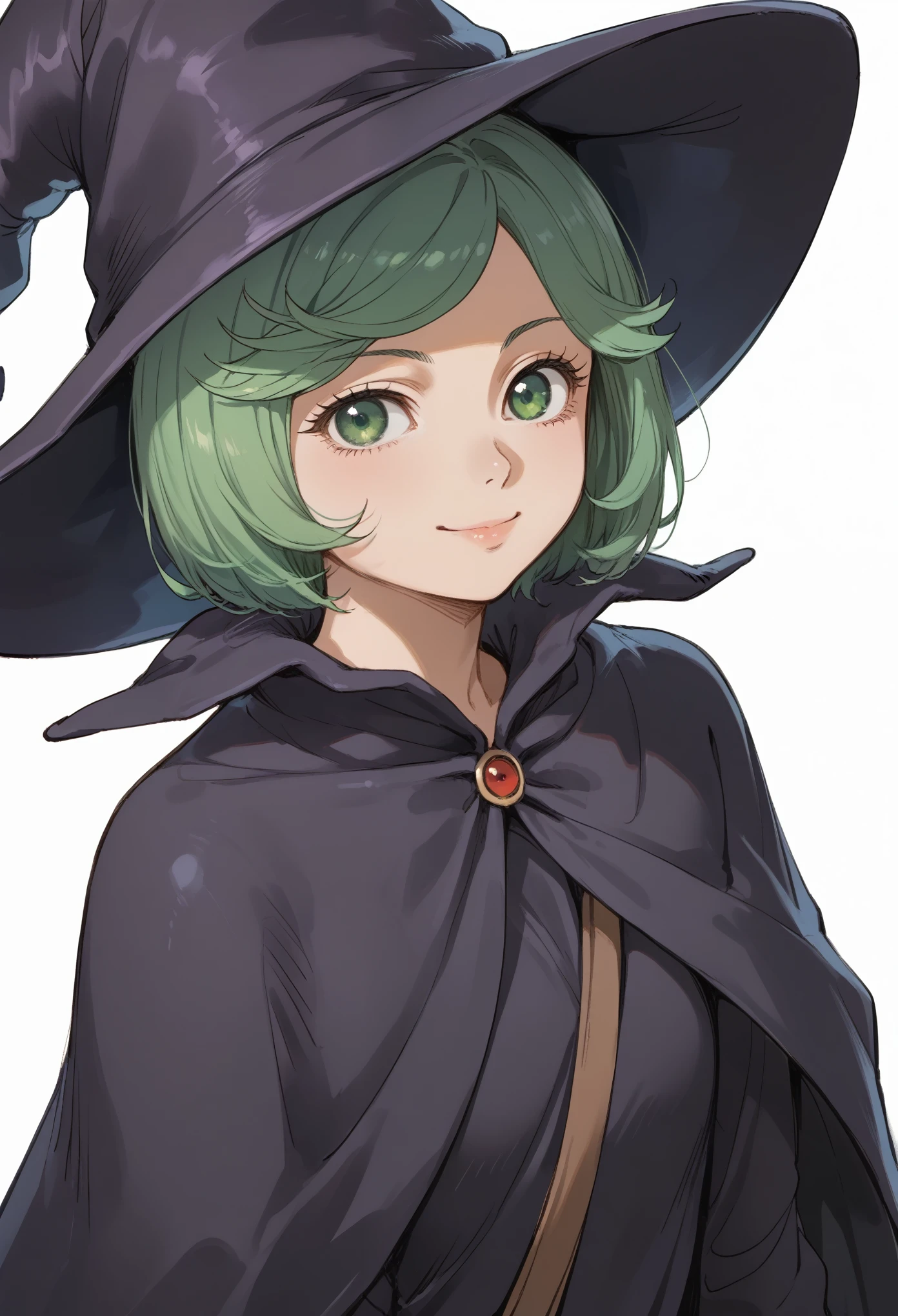 score_9, score_8_up, score_7_up, source_anime BREAK, 1girl, solo, white background, schierke, bob cut, green hair, green eyes, witch, witch hat, cloak, cowboy shot, smile, v,from above,
