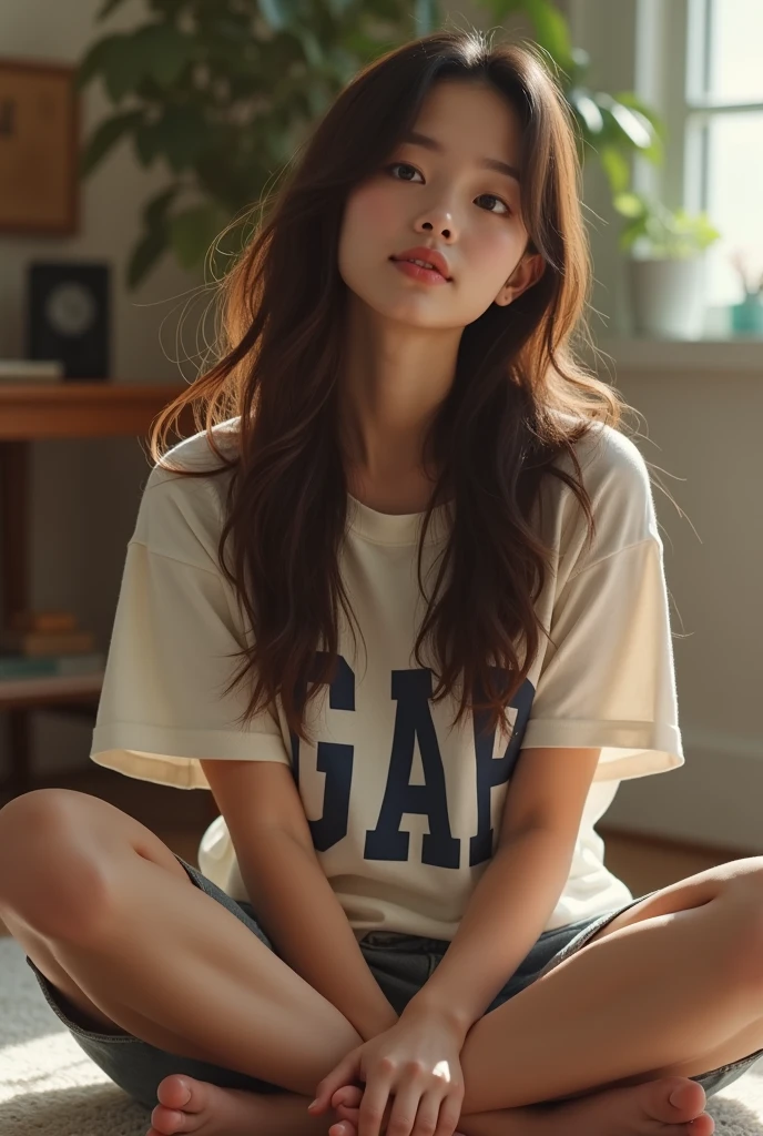 Beautiful cute young attractive indian age girl, village girl, 18 years old, cute,  instagram model, long black_hair, colorful hair, warm, dancing, in home sit at sofa near the pool, indian, wear a white shirt and blue jins, the shirt button are open and show the clivage, very big brest,  show the nipple clearly