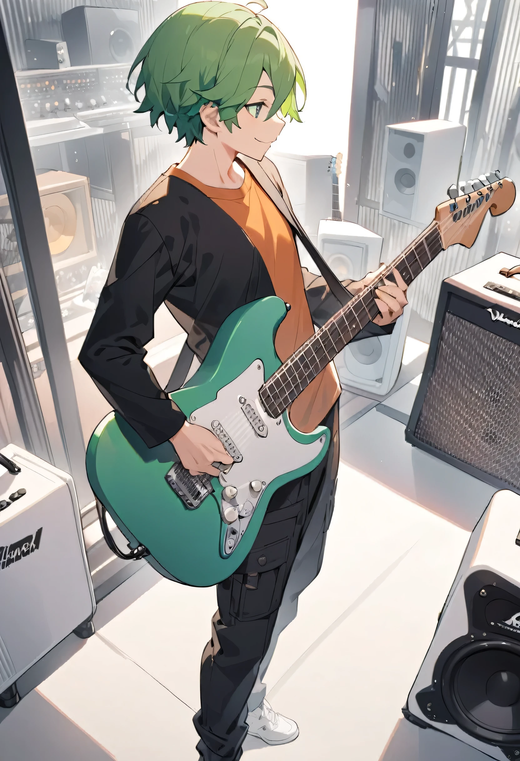(Best Quality), ((One Boy)), Alone, , (((Bright green hair))), (Green Eyes), ((Hair parted on the left)), , (Mash Hair), Playing guitar,Smiling Plain Clothes,Long sleeve orange T-shirt, Black jacket,Black long cargo pants,
Music Studio,Guitar Amplifiers,speaker,(((A white guitar of the right shape and size))),(((The perfect shaped and sized guitar))),((Highly detailed guitar)),Stratocaster,profile,Oblique angle,Shows above the thighs,