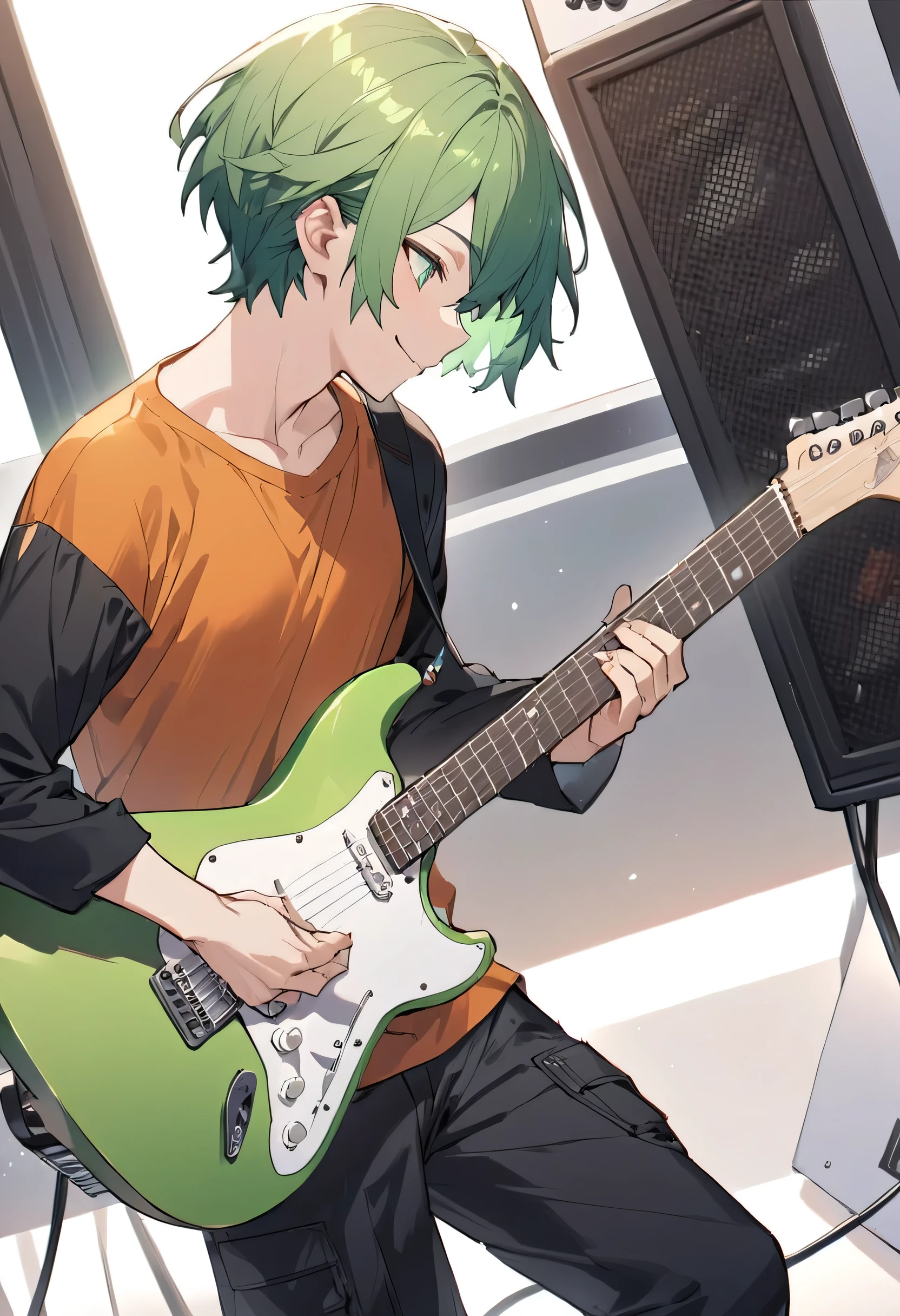 (Best Quality), ((One Boy)), Alone, , (((Bright green hair))), (Green Eyes), ((Hair parted on the left)), , (Mash Hair), Playing guitar,Smiling Plain Clothes,Long sleeve orange T-shirt, Black jacket,Black long cargo pants,
Music Studio,Guitar Amplifiers,speaker,(((White guitar))),(((A perfect replica guitar of the perfect shape and size))),((Highly detailed guitar)),Stratocaster,profile,Oblique angle,Shows above the thighs,