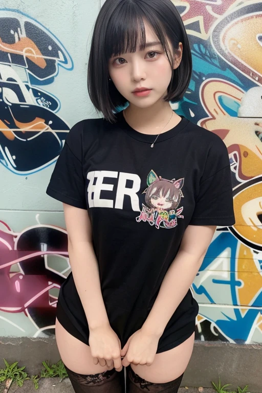 Very cute face、smile、13歳girl、Fluffy long hair、Beautiful legs、Beautiful body、Thin legs、White skin、Black T-shirt、Black mini skirt、白いパンティ少し見えている、sea