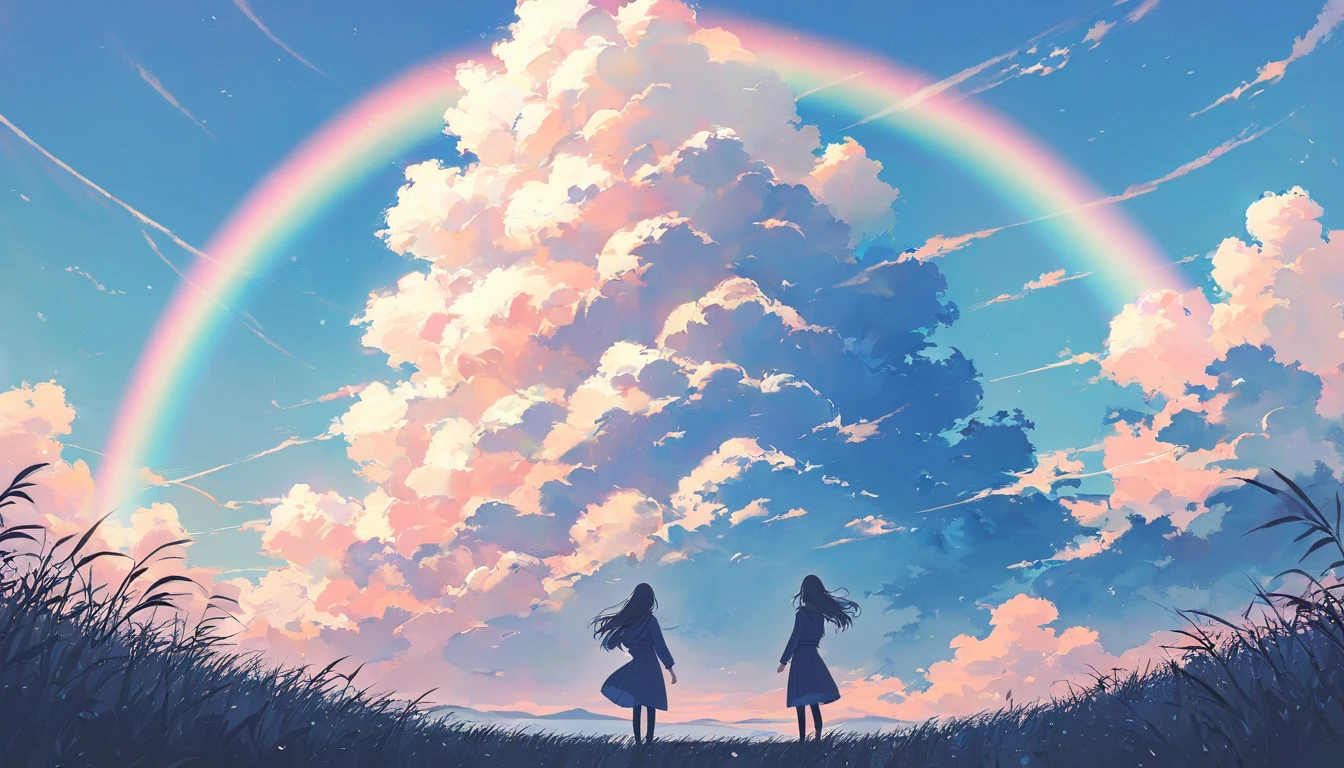 One woman,Pastel colors,Standing under the blue sky,Rainbow sky,View from afar,A touching scene