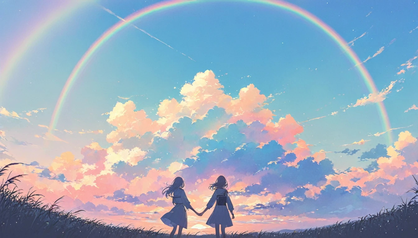 One woman,Pastel colors,Standing under the blue sky,Rainbow sky,View from afar,A touching scene