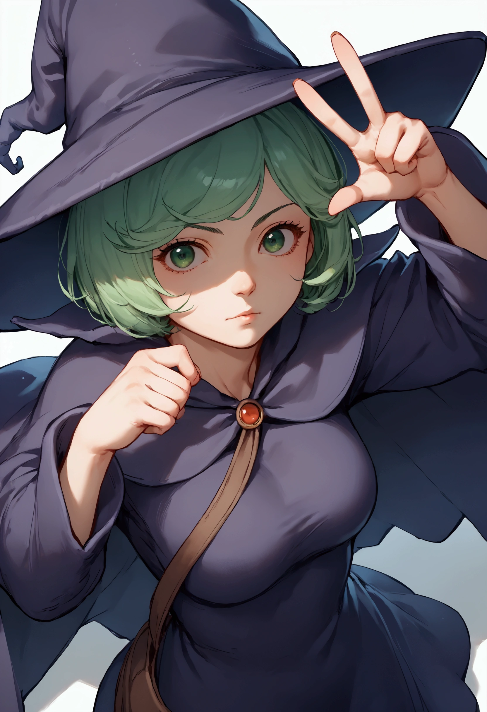 score_9, score_8_up, score_7_up, source_anime BREAK, 1girl, solo, white background, schierke, bob cut, green hair, green eyes, witch, medium breasts, witch hat, cloak, cowboy shot, v pose, from above, high angle 
