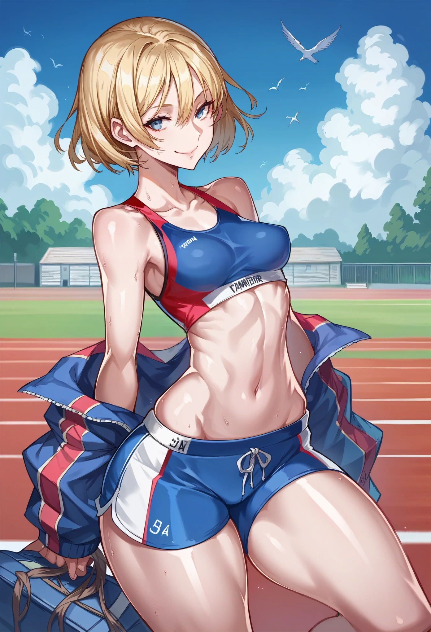 score_9, score_8_up, score_8, 1 adult woman, petite, rating_safe, small breasts, perky breasts, blonde hair, bob cut, black irises, thick thighs, looking at viewer, sprinter, track and field athlete, shiny skin, half Russian, half Japanese, smile