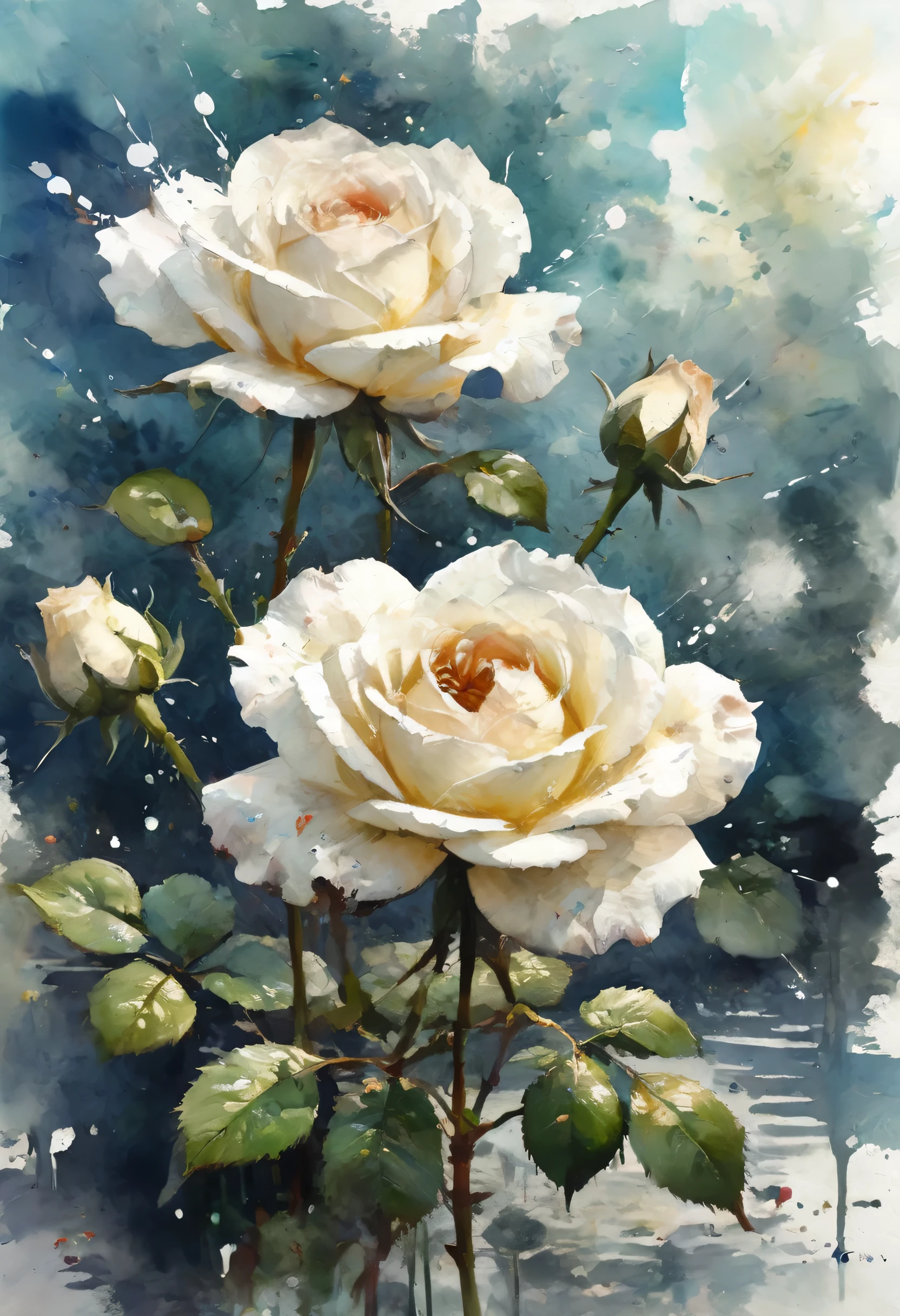 White rose painting with splattered background and spray paint effect、By Eugene Zak、Watercolor Art、Károly Lotz 作、Watercolor、Watercolor style、Watercolor detailed art、By Reuben Tam、Watercolor digital painting、Watercolor、Stunningly detailed Watercolor、Watercolor Art、Grzegorz Rutkowski