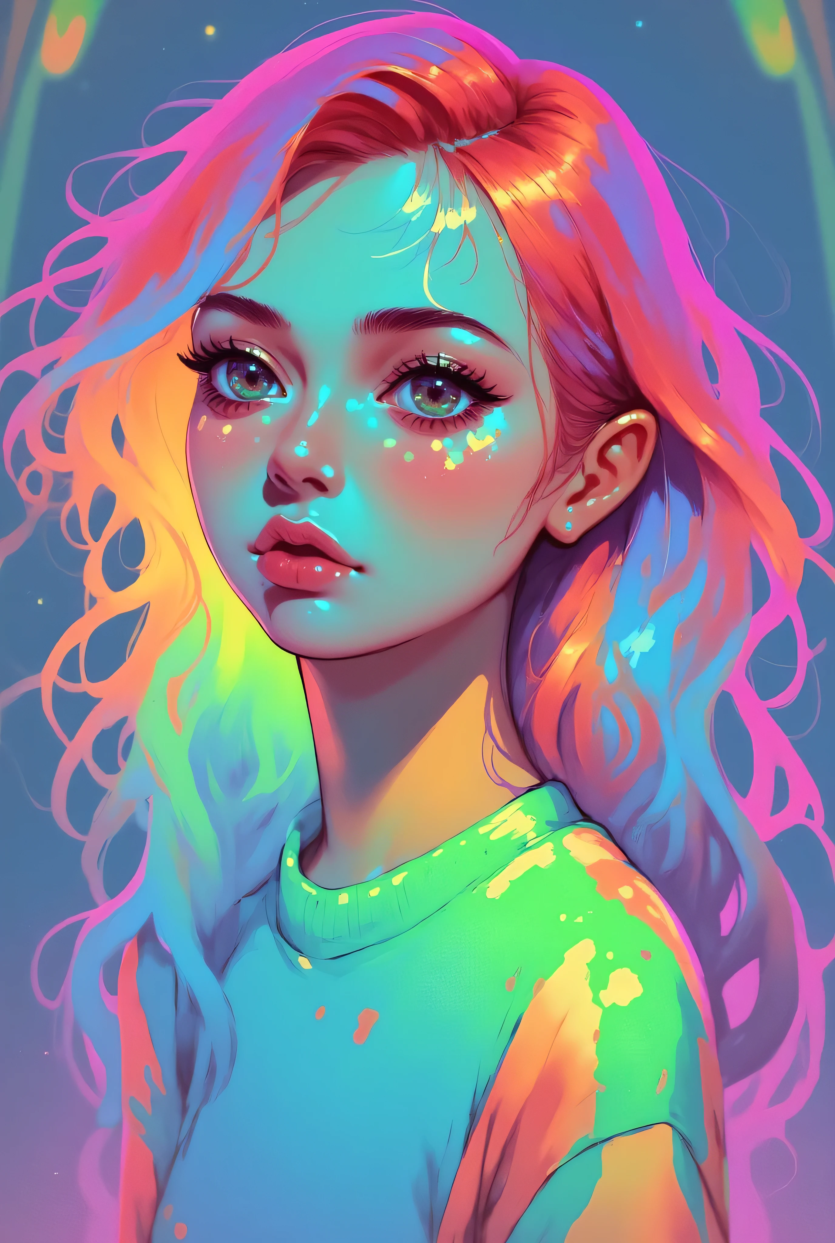 This is a digital painting in a vibrant, modern art style. The subject is a young woman with a striking, ethereal appearance. She has fair skin and a delicate, almost translucent complexion, with a slight blush on her cheeks. Her eyes are large, almond-shaped, and a striking shade of turquoise, with long, dark eyelashes framing them. Her hair is a vibrant, flowing cascade of wavy, orange-red locks, illuminated with specks of gold and other bright colors, giving it a luminescent quality.

Her lips are full and glossy, painted in a soft pink hue. She is wearing a simple, loose-fitting, light blue top that contrasts with her colorful hair and skin. The background is a gradient of blue and purple hues, with soft, swirling brushstrokes that blend seamlessly into the subject's hair and skin tones. The overall composition is dynamic, with the woman's head slightly tilted to the right, her gaze directed slightly off-camera, creating a sense of mystery and depth.

The style is highly detailed, with a focus on smooth gradients and vivid colors, characteristic of contemporary digital art. The image exudes a dreamlike, almost otherworldly quality, capturing a moment of serene beauty.