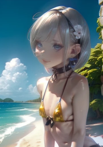 1girl、chibi、(((best quality)), ((masterpiece)), (details), masterpiece, best quality, high quality, ulutra detailed, perfect face, ((1girl, Blue eyes, cat ears: 1.3 silver bob hair: 2.5,)) 、Shiny Hair、Glowing Skin、blush、Lustful look、whole body、 hot limit, underboob, smile,Oceanの上に星型のステージ、Take to the stage、Ocean、blue sky、Sunny、
