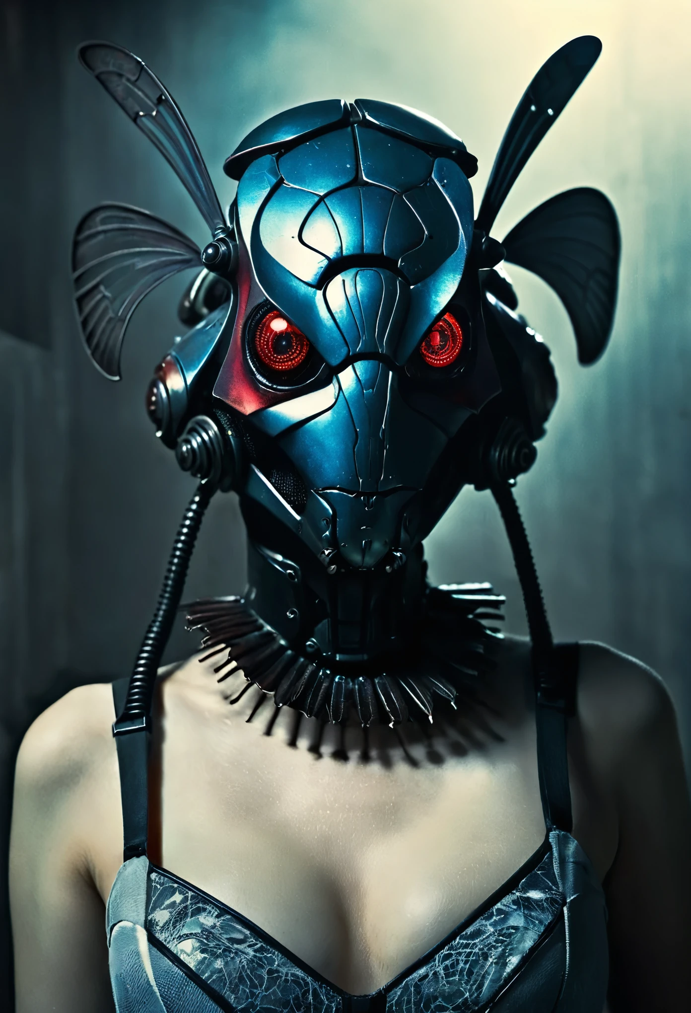 (horror insect face:1.3), gothic and horror elements, full-body android-cyborg girl (fantastic insect:1.4), (gothic fantasy style:1.3), strange, post-apocalyptic future, (detailed:1.2), eerie atmosphere, dark tones, (surreal:1.4), cinematic lighting, full body