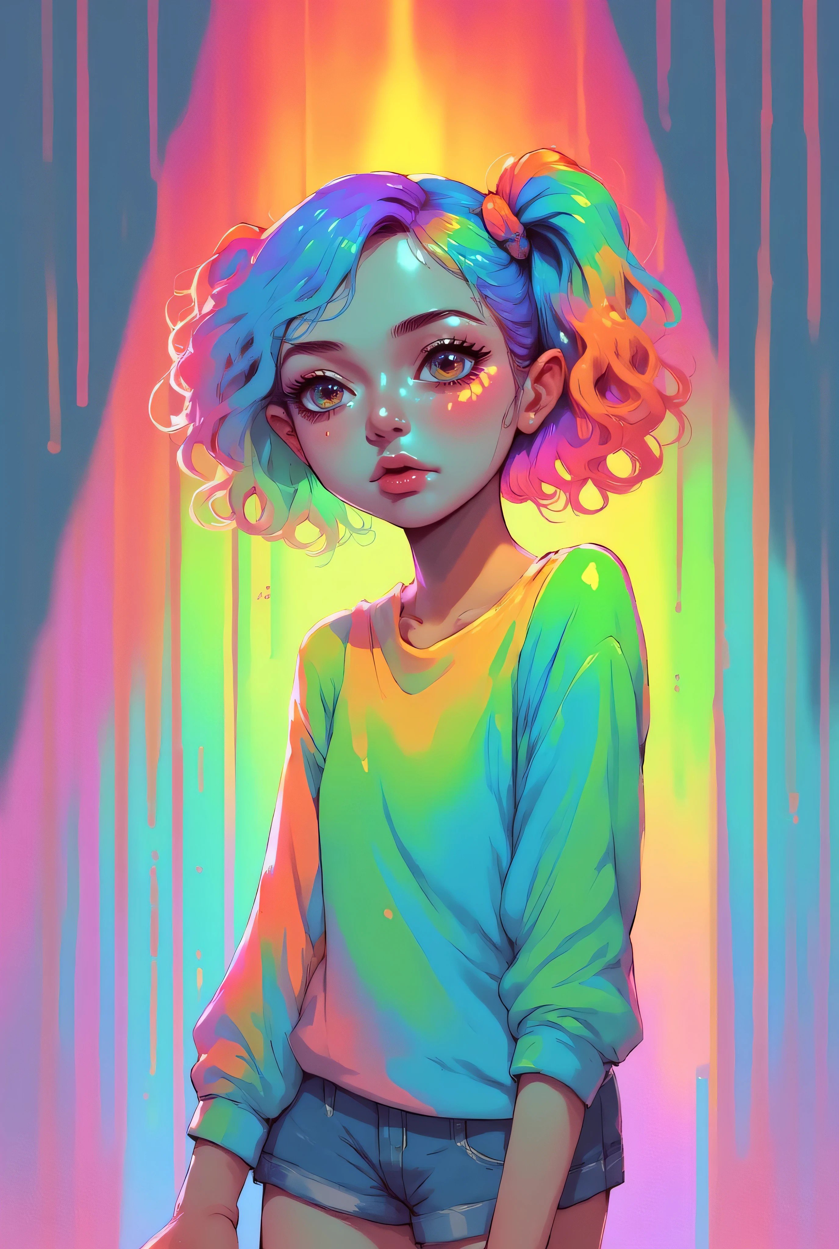 This is a digital painting in a vibrant, surrealistic style. The subject is a young woman with light skin and striking, large, almond-shaped green eyes that dominate her face. Her hair is styled in two long, braided pigtails, each with a distinct shade of blue. She has a delicate, almost ethereal appearance, with a slightly flushed complexion and a soft, full-lipped mouth that is slightly parted.
Her clothing is a loose-fitting, long-sleeved top in a pastel green hue, with the fabric blending seamlessly into the background. The background is a dynamic explosion of colors, including vivid shades of pink, orange, yellow, green, and blue, creating a sense of motion and energy around her head, as if she's surrounded by a colorful, radiant aura.
The painting's texture is smooth and polished, with a high level of detail in the subject's features and hair. The overall composition is symmetrical, with the woman's face centered and the colors radiating outward, creating a visually striking and captivating image. The style is a blend of realism and fantasy, combining elements of both contemporary and surrealistic art.