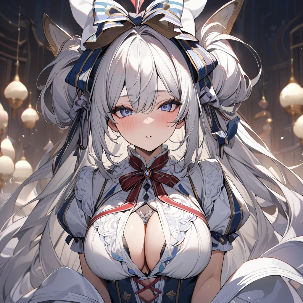 One huge breasted girl, masterpiece, The best quality at its best, 10, Detailed skin texture, High-quality fabric, Beautiful detailed face, Intricate details, Hyper Detailing, Alice in Wonderland, (She has a ribbon on her head.:1.1), Upper Body，（Graceful posture），（Without a doubt）