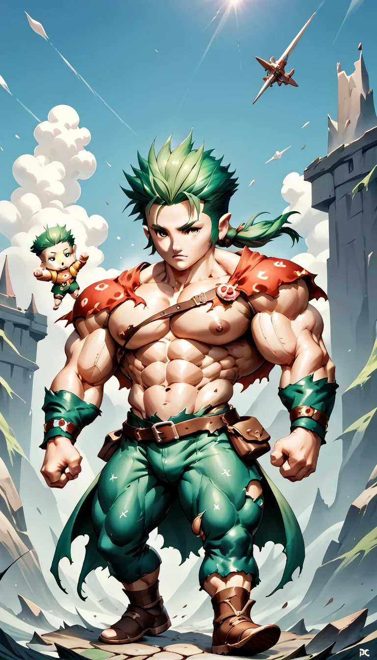 Highest quality,Masterpiece,Pro Art,8k,Anatomical,f6close,torn clothes,Green Hair,juvenile,Huge muscles,Chibi,