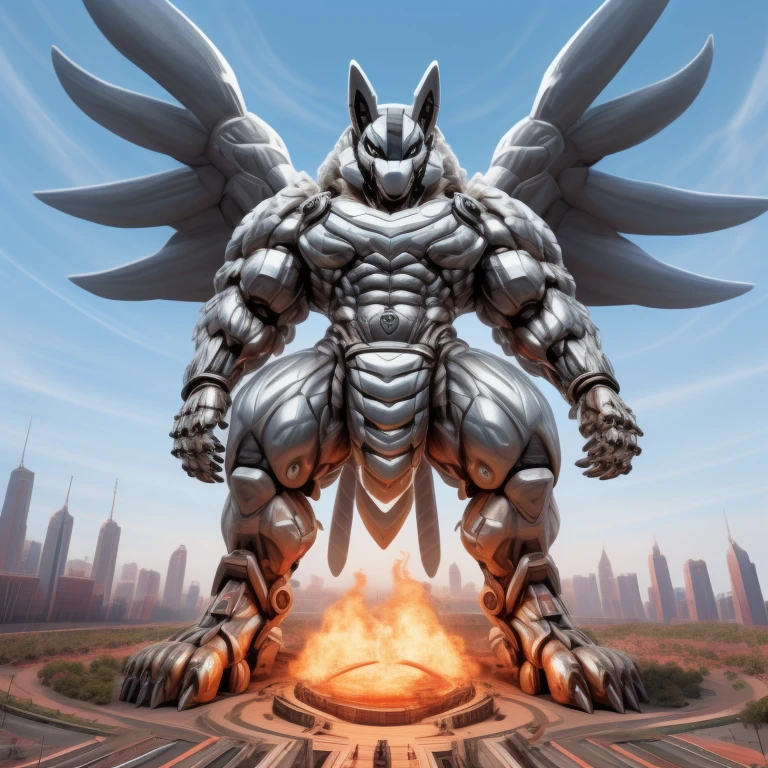 (masterpiece. official art. 8k. best quality. detailed full body. full body.)
(situation 1 : dominating mega lucario. focus GIANT mechanical Muscular mega lucario is trampling the CITY. macro. stomp. Low-angle perspective. emphasizing the immense size. The perspective is from below, emphasizing the sheer majesty and power of the Giant. giant art. He is much bigger than a skyscraper. Giga Giants. micro soccer field. looking down.)

(situation 2 :smoke and flames rising from the destruction in the city)

(Additional details 1: wearing a full-face helmet. helmet is jet black. The color of NANOSUIT is jet black. high-tech bio-mecha armor. real texture material. whole body shines like metal. Wearing cyberpunk mecha. emphasizes the muscles. suit fully made of metal. intricate armor. Robotic suit. suit fully made of metal. no face.). (mega lucario has 5 toes.) Wearing a Full Face Toxic Gas Mask. no blue.
An arrogant expression.
smile at the corner of your mouth.

(Additional details 2: (Detailed head. Detailed Body. Detailed abs. gigantic muscles. HYPER MUSCLES. Gigachad Muscular. big muscle. pecs. triceps. traps. unusually developed muscular body. body full of huge muscles. showing off muscles. pectorales enormes. Exaggeratedly huge muscles. huge muscles. long legs.).

(Additional details 3: nj5furry, Spread wings. It has wings. black have big wings. The claws are sharp. Sharp teeth.5 toes.).  Wearing a Full Face Toxic Gas Mask. 