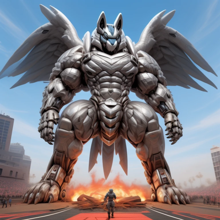 (masterpiece. official art. 8k. best quality. detailed full body. full body.)
(situation 1 : dominating mega lucario. focus GIANT mechanical Muscular mega lucario is trampling the CITY. macro. stomp. Low-angle perspective. emphasizing the immense size. The perspective is from below, emphasizing the sheer majesty and power of the Giant. giant art. He is much bigger than a skyscraper. Giga Giants. micro soccer field. looking down.)

(situation 2 :smoke and flames rising from the destruction in the city)

(Additional details 1: wearing a full-face helmet. helmet is jet black. The color of NANOSUIT is jet black. high-tech bio-mecha armor. real texture material. whole body shines like metal. Wearing cyberpunk mecha. emphasizes the muscles. suit fully made of metal. intricate armor. Robotic suit. suit fully made of metal. no face.). (mega lucario has 5 toes.) Wearing a Full Face Toxic Gas Mask. no blue.
An arrogant expression.
smile at the corner of your mouth.

(Additional details 2: (Detailed head. Detailed Body. Detailed abs. gigantic muscles. HYPER MUSCLES. Gigachad Muscular. big muscle. pecs. triceps. traps. unusually developed muscular body. body full of huge muscles. showing off muscles. pectorales enormes. Exaggeratedly huge muscles. huge muscles. long legs.).

(Additional details 3: nj5furry, Spread wings. It has wings. black have big wings. The claws are sharp. Sharp teeth.5 toes.).  Wearing a Full Face Toxic Gas Mask. 