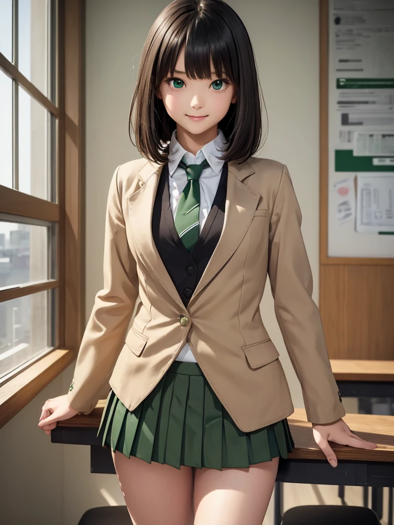 8k, Best Quality, The real picture, Intricate details, Very detailed, Ultra-high resolution, Depth Field, Tabletop, Full Body Shot, (1 girl), eye_Chan, so beautiful, innocent big eyes, Standing in a school classroom, ((Black Hair)), ((Medium Bob Hair)), (Asymmetrical bangs), ((Detailed eyes)), ((smile)), ((Blue tie)), (Light brown closed blazer))), ((Dark green pleated mini skirt)), Thighs, knees, Random pose，pretty girl，Slender girl