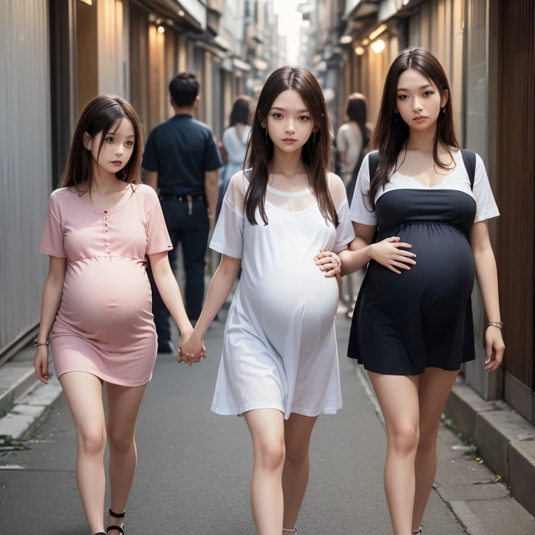 1girl,3boy,((((realistic very cute japanese Pregnant mothers are walking hand in hand with her daughters:1.5))))),((((they are anorexic girls:1.5)))),((((male fierce molesters are surrounding girl:1.8)))),4K, 8K, (Masterpiece, best quality:1.2),Very realistic eyes, perfect face,24years old,(((thin girl:1.5))),(((skinny girl:1.5))),(((slim girl:1.5))),((small girl)),((childish girl)),shinny white skin,Narrow waist,((wearing casual dresses)),dark brown semi long hair,In a dark back alley in an unsafe slum area