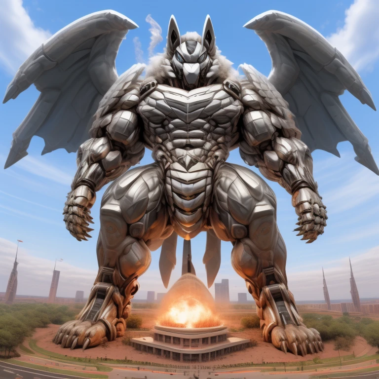 (masterpiece. official art. 8k. best quality. detailed full body. full body.)
(situation 1 : dominating mega lucario. focus GIANT mechanical Muscular mega lucario is trampling the CITY. macro. stomp. Low-angle perspective. emphasizing the immense size. The perspective is from below, emphasizing the sheer majesty and power of the Giant. giant art. He is much bigger than a skyscraper. Giga Giants. micro soccer field. looking down.)

(situation 2 :smoke and flames rising from the destruction in the city)

(Additional details 1: wearing a full-face helmet. helmet is jet black. The color of NANOSUIT is jet black. high-tech bio-mecha armor. real texture material. whole body shines like metal. Wearing cyberpunk mecha. emphasizes the muscles. suit fully made of metal. intricate armor. Robotic suit. suit fully made of metal. no face.). (mega lucario has 5 toes.) Wearing a Full Face Toxic Gas Mask. no blue.
An arrogant expression.
smile at the corner of your mouth.

(Additional details 2: (Detailed head. Detailed Body. Detailed abs. gigantic muscles. HYPER MUSCLES. Gigachad Muscular. big muscle. pecs. triceps. traps. unusually developed muscular body. body full of huge muscles. showing off muscles. pectorales enormes. Exaggeratedly huge muscles. huge muscles. long legs.).

(Additional details 3: nj5furry, Spread wings. It has wings. black have big wings. The claws are sharp. Sharp teeth.5 toes.).  Wearing a Full Face Toxic Gas Mask. 