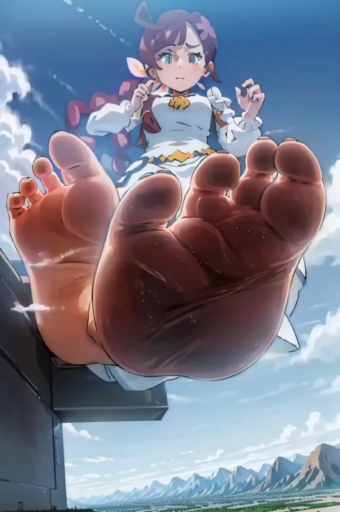 "(A masterpiece) with (high-quality) depicting a scene with a 1/10000 scale, showcasing a sole perspective. The focal point of the image is a seated girl with musty soles. The atmosphere is cloudy, and there is a sense of front foreshortening. This artwork explores the concept of GTS (giantess) with a looming and rumbling presence."