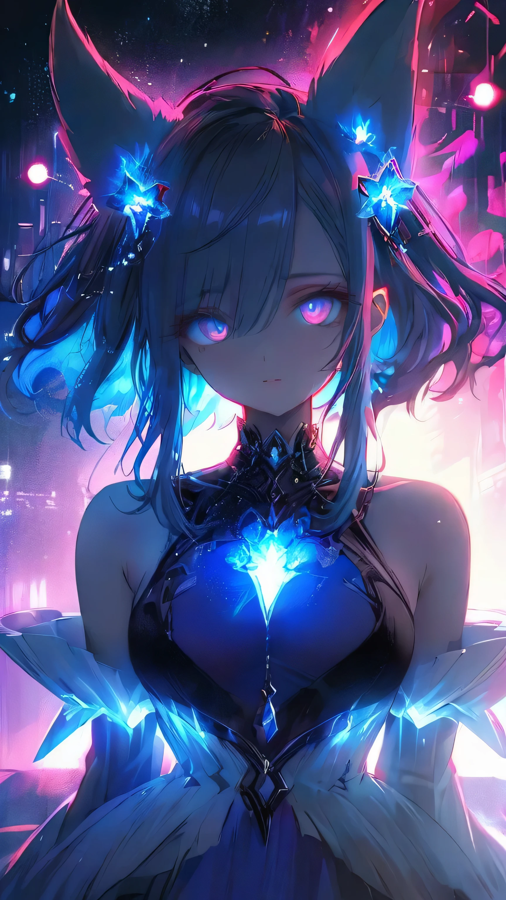 A beautiful anime-style female character with long, flowing silver hair that has soft blue and purple highlights. She has large, expressive multi-colored eyes that glow with bright pink and blue hues. The character has fox-like ears on her head, adding a mystical touch. She wears a dark, intricate outfit with glowing blue and purple accents, and there is a shining star-shaped pendant on her chest. The background is a cosmic, star-filled sky with vibrant neon lights, enhancing the magical and futuristic atmosphere,Focus on the young woman's eyes, making them glow with a vivid and captivating light. Her large, expressive eyes shimmer with an ethereal glow, reflecting the soft light of the sunset and the distant city lights. The irises are a brilliant shade of sapphire blue, with subtle hints of purple that catch the light at different angles, giving them a luminous, otherworldly quality. Her gaze is intense yet calm, drawing attention to the delicate glow in her eyes, as if they hold a deep, untold story. The soft glow of her eyes contrasts with the darker, muted tones of her surroundings, making them the focal point of the scene,masterpiece,best quality,ultra detailed,high-resolution,8k portrait,unity 8k wallpaper,extremely detailed CG unity 8k wallpaper,mysterious,Fantasy,emotional
