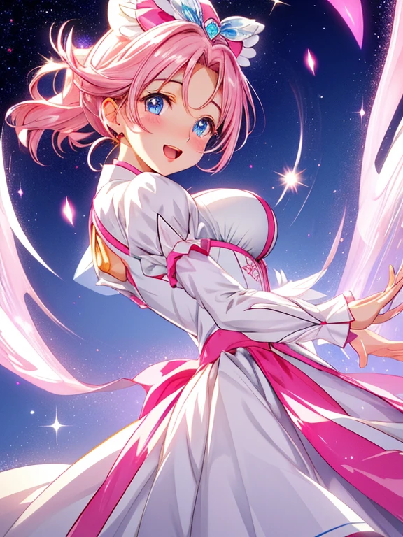 Side ponytail, (Messy Wide hair:1.0), masterpiece, best quality, (shy), (Innocent:1.0), (Yuta:1.0), less light, (star accessory on gown:1.4), (hair accessory:1.0), (hair pins:1.0), Medium hair, small breast, POINTY EARS, smoothing, (Hear jewel hair ornament:1.0), (beautiful:1.2), (blue eyes), space eyes, HD, extra detailed, smile, (Cute:1.0), hair above cheeks:1.5), (white dragon horns:1.3), Small Medium chest, (Sakura samsara background:1.3), Buildings, trees, Sky with stars, (Cute:1.0), Circle dress, (Frills:1.0), Print on skirt, (Pink skirt:1.0), <lyco:shiromochi_sakura:0.6>, shiromochi_sakura, (White blouse:1.0), Fxaa, (Light pink hair:1.1), light blue hair