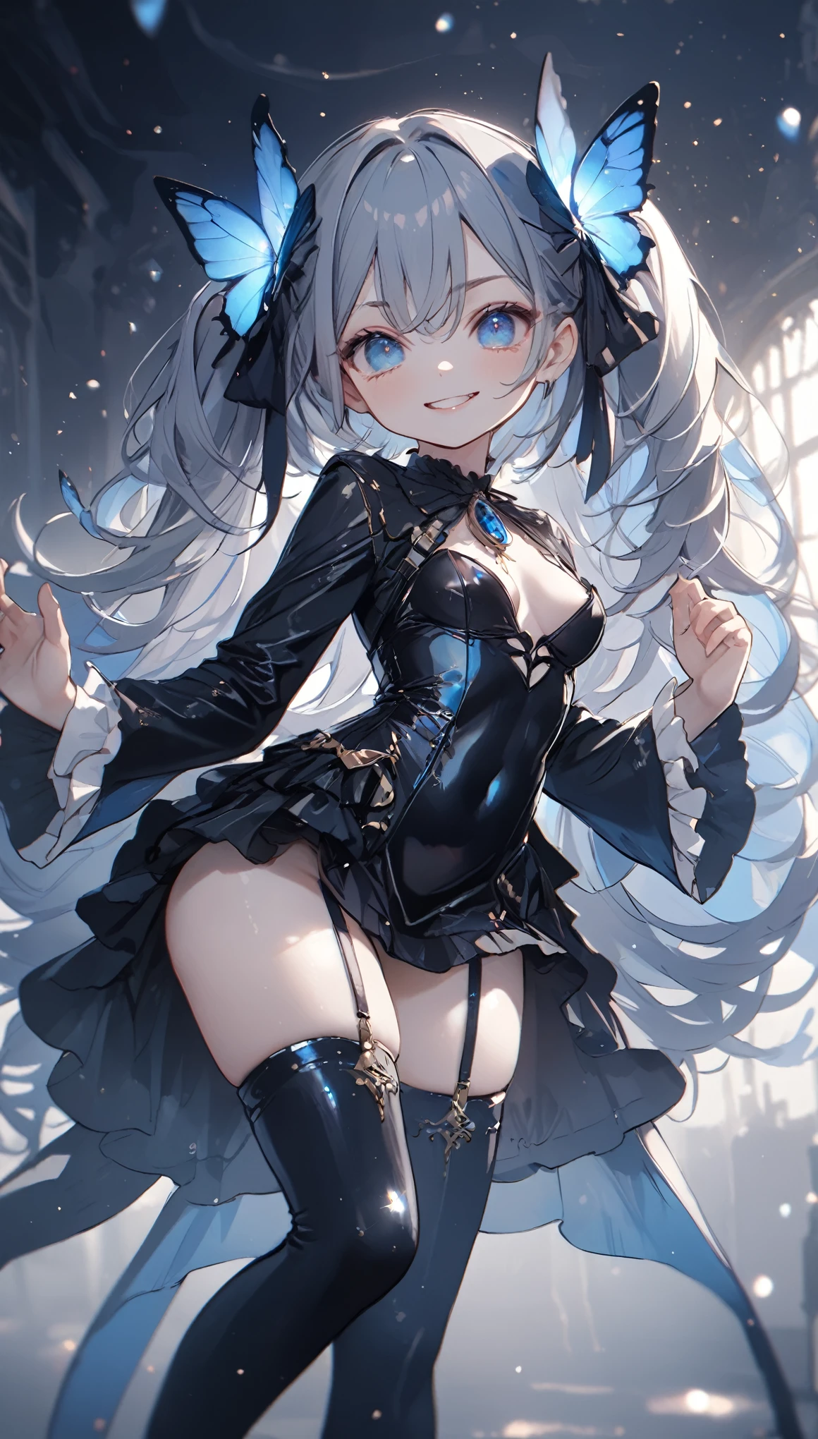 solo,1girl\(cute, hair\(gray, twin tails\((short:1.3),black bow,soft,detailed\),shiny, cuticle\),eye\(big ,droopy ,(gray:1.2)\), eyebrow\(gray,(thick:1.5),(troubled:1.3)\),(evil smile:1.5),fang,(small breast:1.3), perky breast, (big hip:1.5), shiny skin, smooth skin, gothic dress\(leather, tight, frilled, ((shiny))\),open cleavage, open stomach, gothic thigh high socks, wearing make up, vulgarity, (dynamic pose),(wearing blue butterflies:1.4)\), BREAK ,background\(dark,coorfl sparks\),dynamic angle, long shot, thick eyebrow, BREAK ,quality\(masterpiece, best quality,8k,wallpaper of extremely detailed CG unit, high resolution, top-quality, top-quality real texture skin, hyper realistic, increase the resolution, RAW photos, best quality, highly detailed, the wallpaper,golden ratio\)