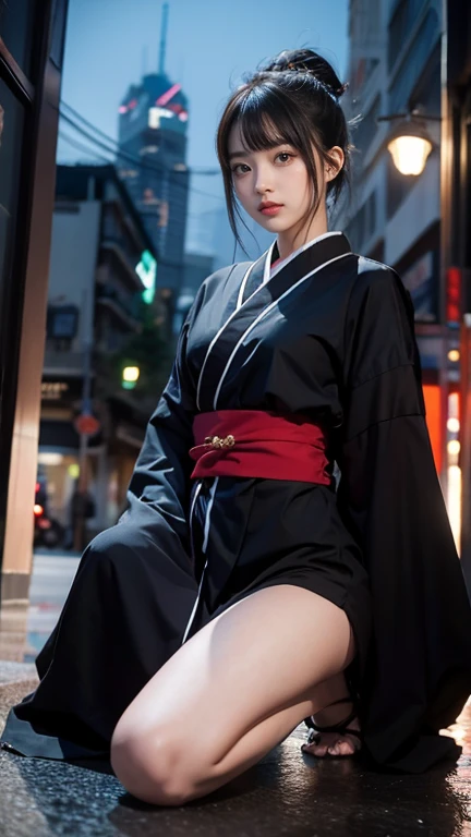 full body display、Ninja Girl、Ninja Woman、Female ninja、1、Age 18、Her black hair is tied back、With bangs、Flashy kimono、Short kimono、Holding a large cross shuriken、The background is a night city、