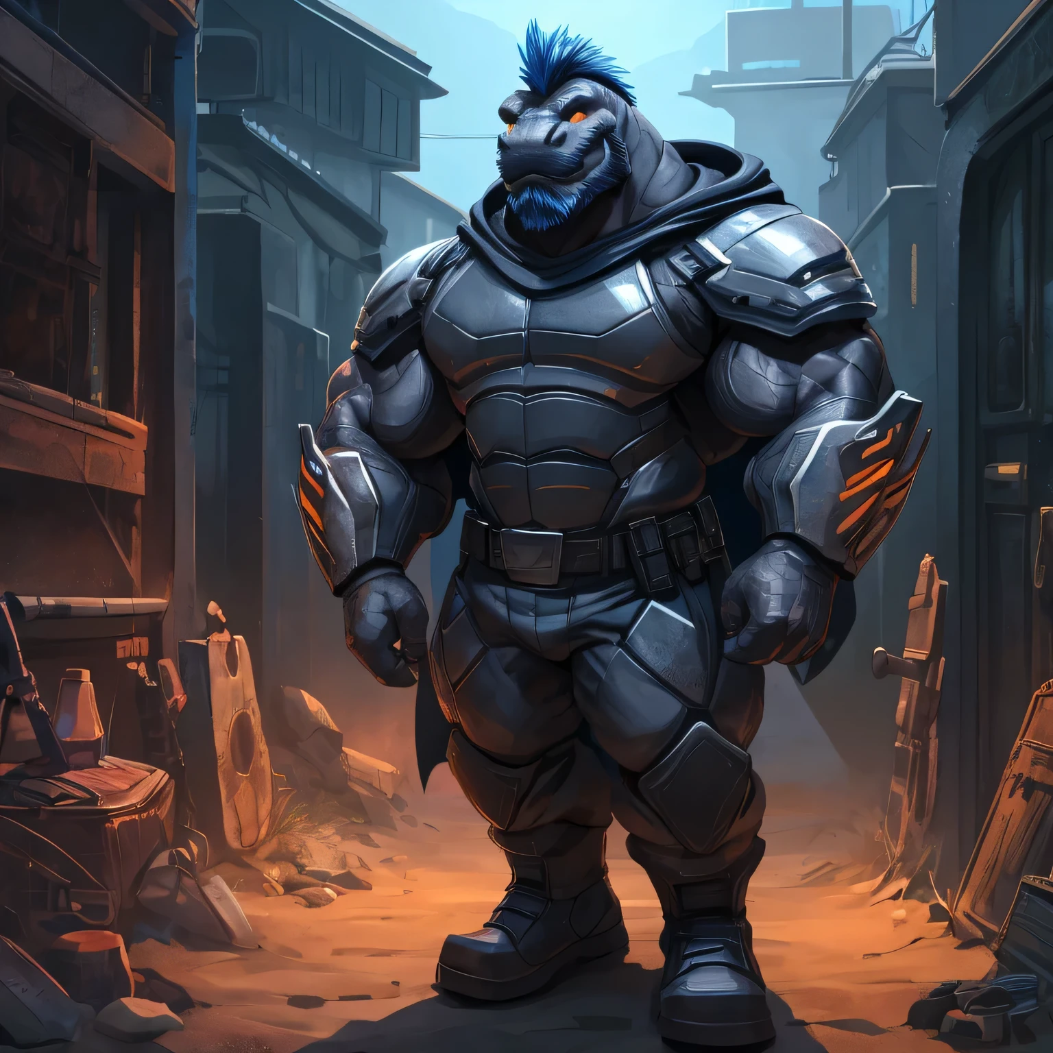 An anthropomorphic badass scientist rat (realistic, detailed, american shot, aesthetic physique, aesthetic proportions, 1 meters tall, small, thick large oversized upperbody muscles, well-built body, rat head (rat head, grey thick full mustache, grey thick trimmed midlong full beard, grey thick mohawk hairstyle, bright blue eyes, dark-blue fur) dark-blue fur, wears a closed grey futuristic scientist lab coat, wears a futuristic grey armored pant, wears futuristic black military boots, wears a closed grey futuristic scientist lab coat, doing experiments) standing, doing experiments in an abandoned lab in the sewers of futuristic ruins at night.