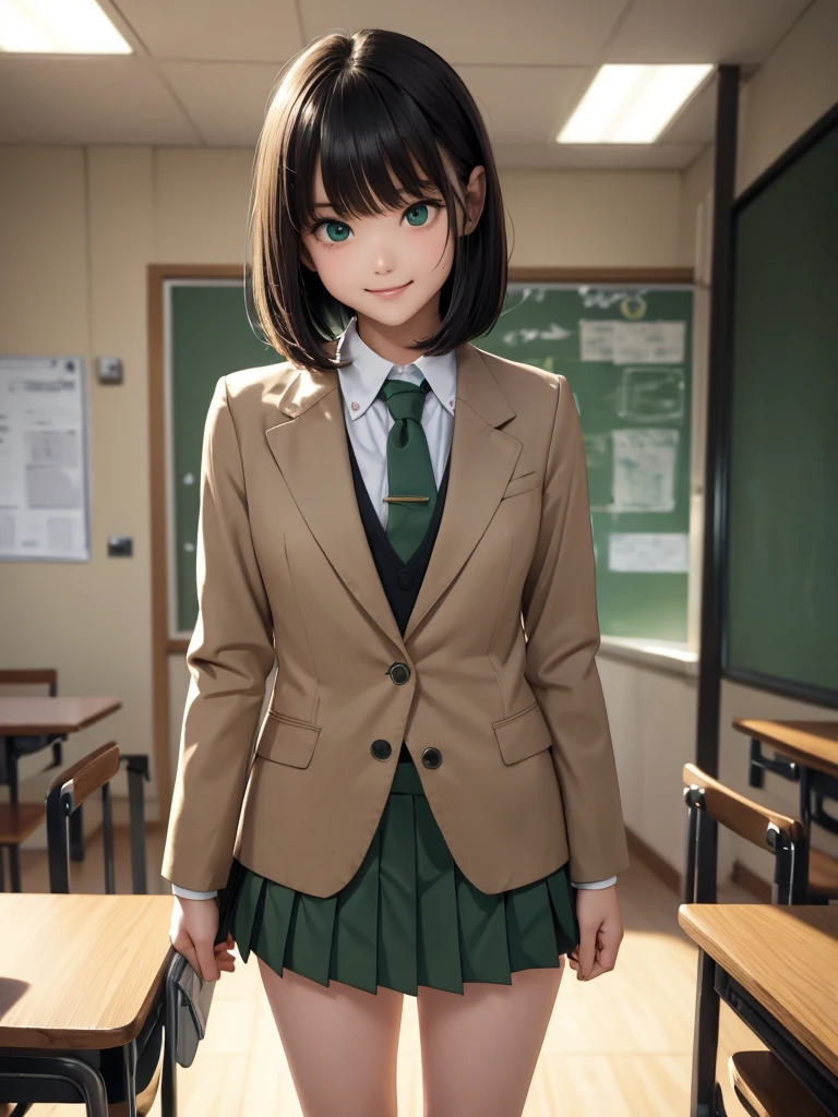 8k, Best Quality, The real picture, Intricate details, Very detailed, Ultra-high resolution, Depth Field, Tabletop, Full Body Shot, (1 girl), eye_Chan, so beautiful, innocent big eyes, Standing in a school classroom, ((Black Hair)), ((Medium Bob Hair)), (Asymmetrical bangs), ((Detailed eyes)), ((smile)), ((Blue tie)), (Light brown closed blazer))), ((Dark green pleated mini skirt)), Thighs, knees, Random pose，pretty girl，Slender girl