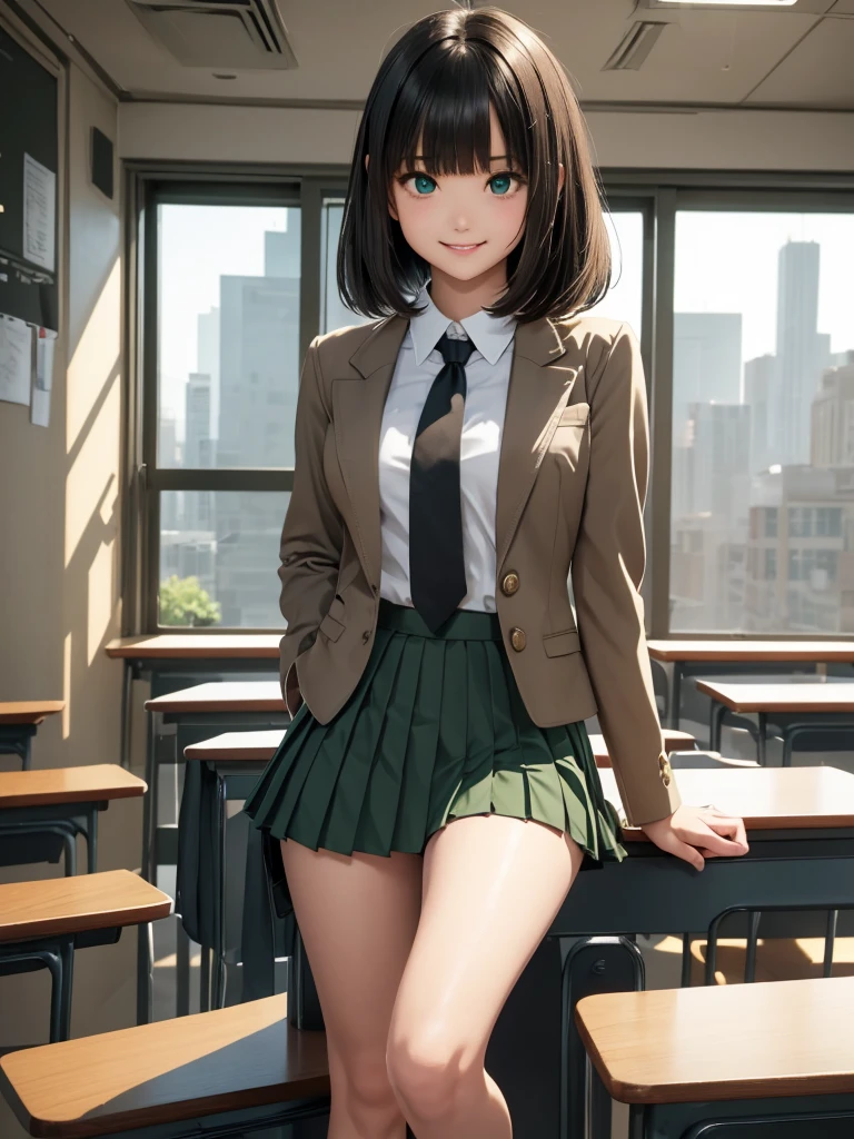 8k, Best Quality, The real picture, Intricate details, Very detailed, Ultra-high resolution, Depth Field, Tabletop, Full Body Shot, (1 girl), eye_Chan, so beautiful, innocent big eyes, Standing in a school classroom, ((Black Hair)), ((Medium Bob Hair)), (Asymmetrical bangs), ((Detailed eyes)), ((smile)), ((Blue tie)), (Light brown closed blazer))), ((Dark green pleated mini skirt)), Thighs, knees, Random pose，pretty girl，Slender girl