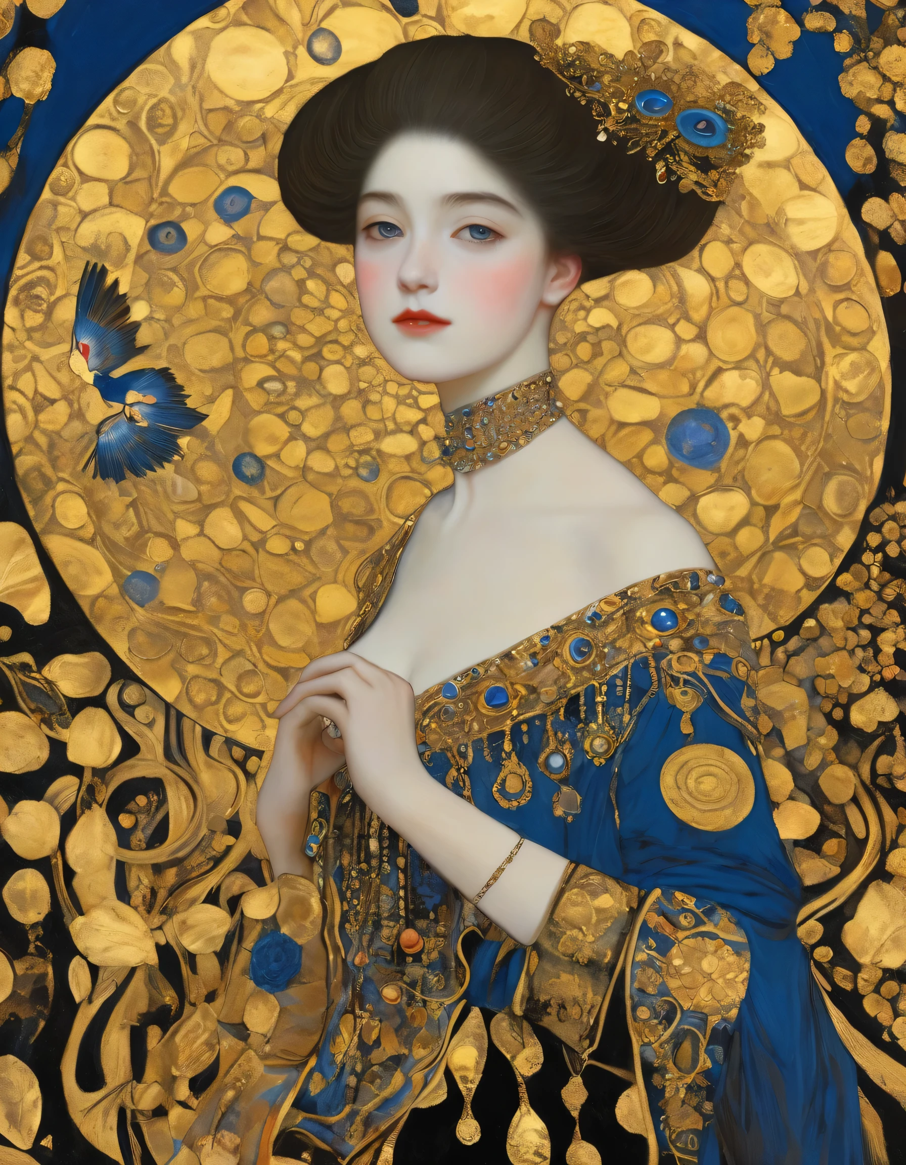 Super detailed, highest quality, digital art, artwork, ornate decorativeness, decadence, allegory representation of dainty and fragile beauty, one girl, early teens, upper body, lithograph, palette of gold, red, blue, black, masterpiece