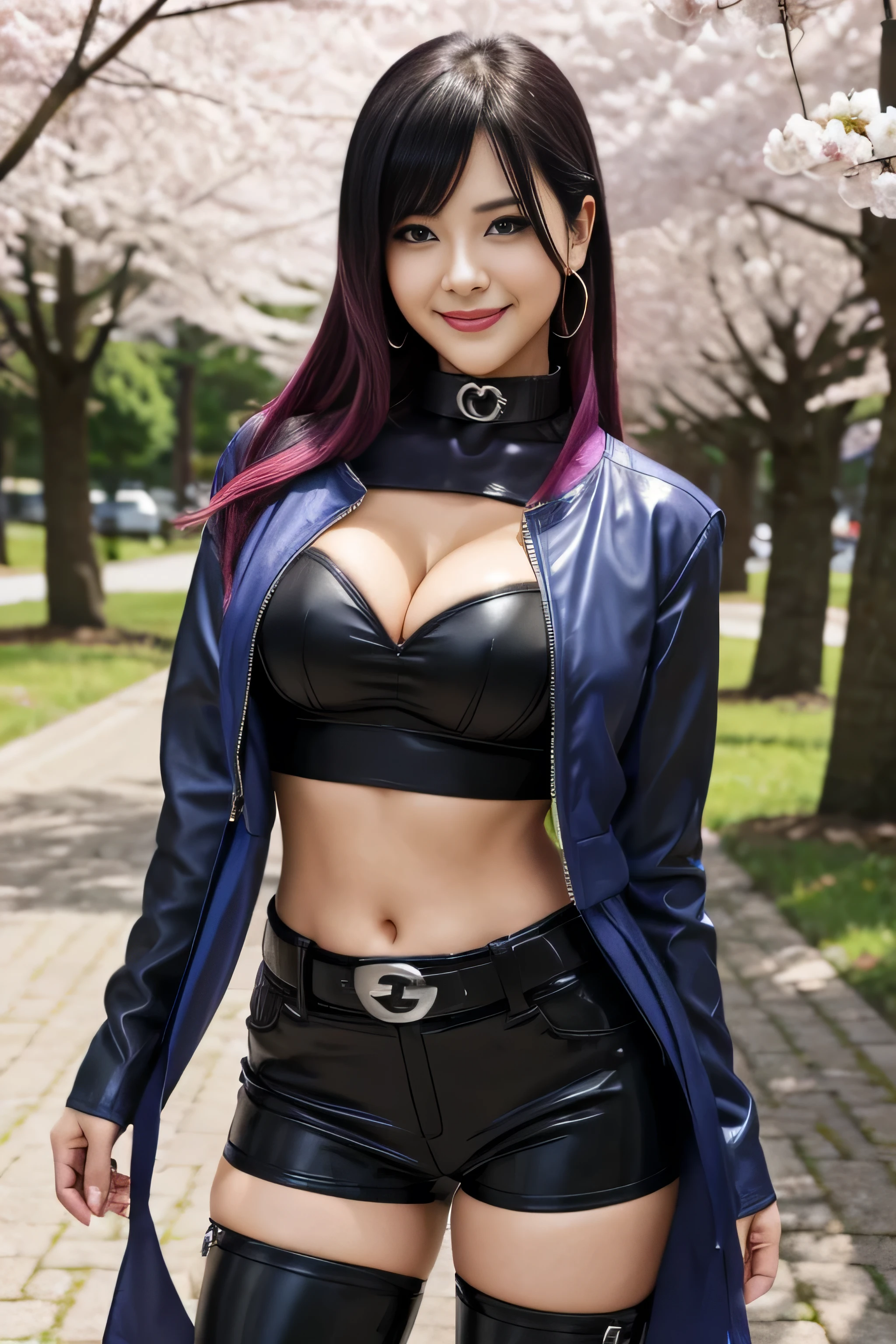 tmasterpiece， Best quality at best， 1girll，look like naruto anime charector girl hinata hyuuga ， Large breasts，sexy ninja suit attire，（cleavage)，busty mom,（upperbody closeup)，Raised sexy，is shy，ssmile，with pink hair， black hair， ， ， the cherry trees，Cherry blossoms flying，midriff Wearing: blue jacket, choker, Strapless black top, Belt, Black leather pants), ahoge, piercings, toned, smug smile, red lips,1boy, senseless,huged and breast_grab groping hyuuga_hinata  in her behind 