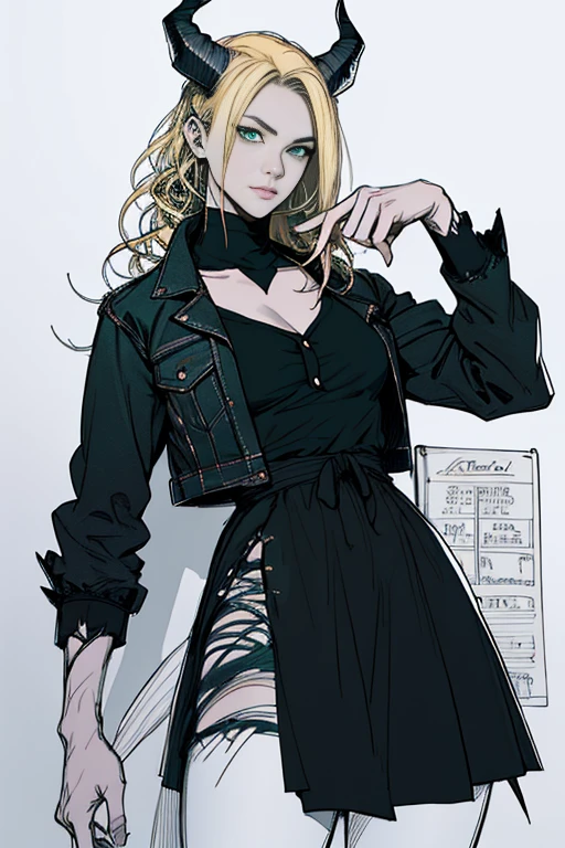 1 girl, Side cut hair, You are esoteric, Side cut hair, Teenager, Hyper-realistic hands, Detailed hyper-realistic eyes, Rock Jacket, jeans, Black clothes, Blonde, Caricature of a woman with horns and a dress, long haired humanoid Farson, adoptable whole body, female Farson, Female anthropomorphic wolf, single character whole body, whole body!, whole body concept, Anime Monster Girl, Farson!!!!, whole body!!!, Human-like Mosquito Wolf, Adoptable Characters, whole body!! sketchbook, Hand-drawn hands, symbol, dark, , realistic sketch, sketch, mixing dark lines and loose lines,  lines, , Turn on the character sheet, Green Eyes, whole body, Graceful pose, Many details, Stylish clothing, symbol, Runes, dark theme, Black Shirt, beautiful, , Modest