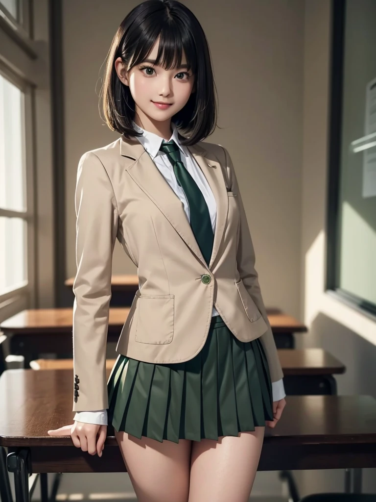 8k, Best Quality, The real picture, Intricate details, Very detailed, Ultra-high resolution, Depth Field, Tabletop, Full Body Shot, (1 girl), eye_Chan, so beautiful, innocent big eyes, Standing in a school classroom, ((Black Hair)), ((Medium Bob Hair)), (Asymmetrical bangs), ((Detailed eyes)), ((smile)), ((Blue tie)), (Light brown closed blazer))), ((Dark green pleated mini skirt)), Thighs, knees, Random pose，pretty girl，Slender girl